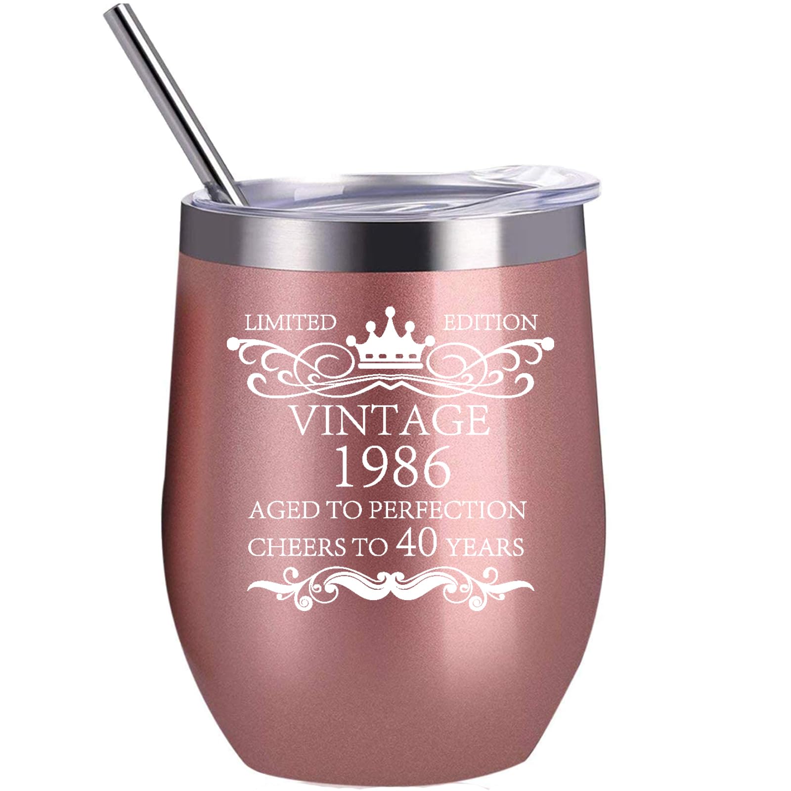 landskykit 1986 40th Birthday Gifts for Men Women 12 Ounce Rose Gold Stainless Steel Double Wall Vacuum Insulted Wine Tumbler with Lid Straw Cheers to 40 Years Old Birthday Anniversary Present (40)