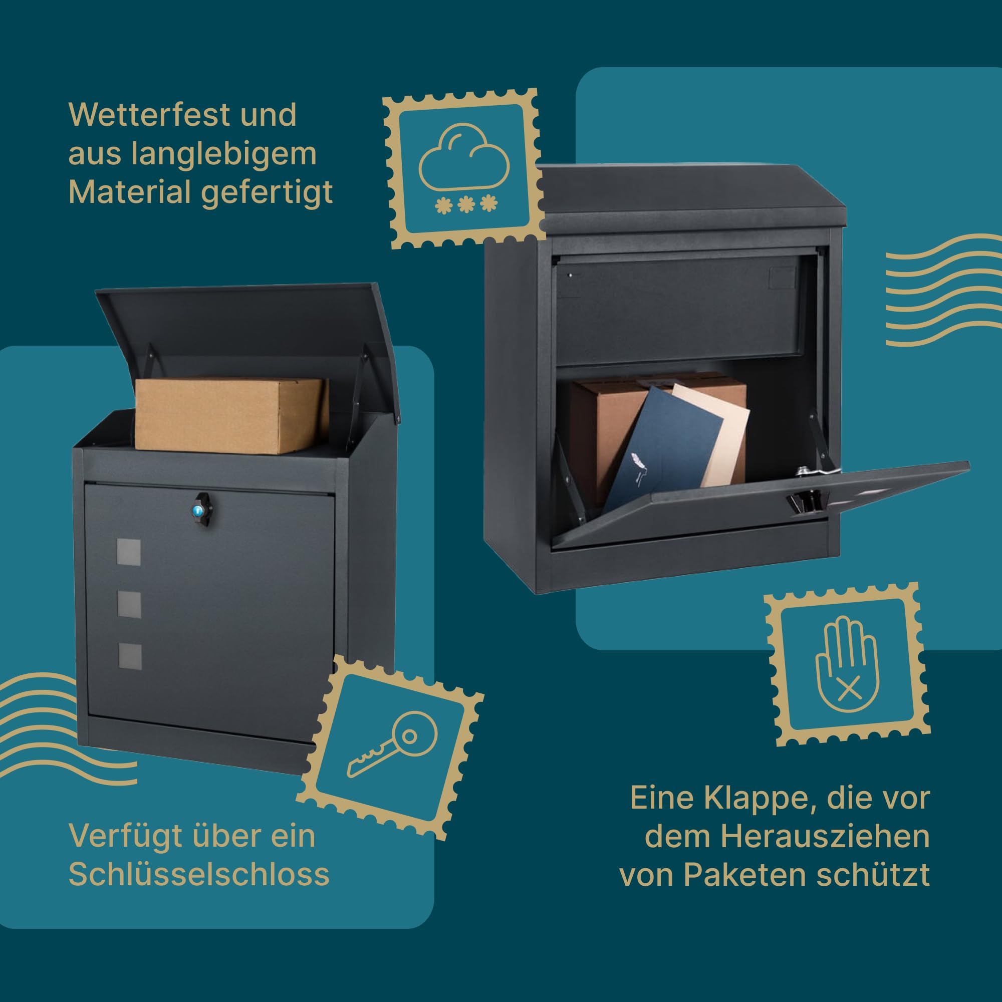 JUMI Wetterfest Briefkasten und Paketbox - Rostfrei und Massiv - Standbriefkasten Modern - Stahlblech Rückholsperre - Schublade und Schrank - Mailbox - aus Metall, Anthrazit