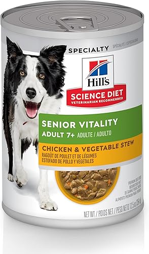 Hill's Science Diet Adult 7+ Senior Vitality - Alimento húmedo para perros, estofado de pollo y verduras, latas de 12.5 onzas, paquete de 12