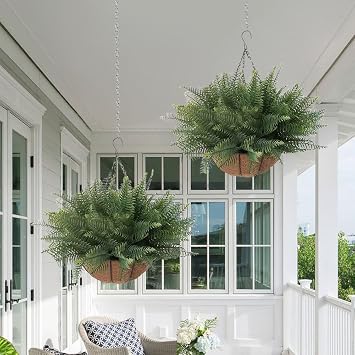 2 Set Artificial Ferns Plants with Hanging Basket,53cm Fake Fern Hanging Baskets for Outdoor Spring Summer Decoration,UV Resistant Faux Ferns for Outdoor Planter,Garden,Porch,Patio Decor