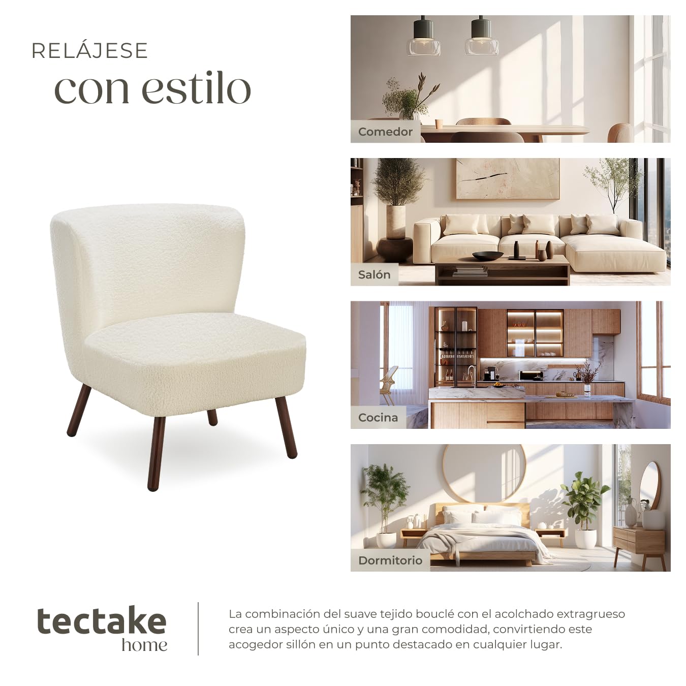 tectake® Sillon de Cóctel Acolchado, Respaldo Curvado Extragrande, Patas de Acero, Sillon Relax, Butacas de Salon, Muebles de Salon, Butaca, Sillón Orejero - Bouclé Blanco Roto