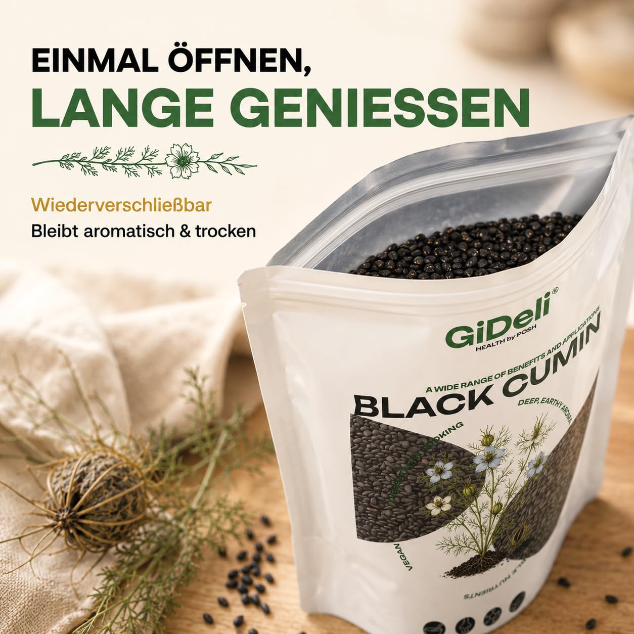 GiDeli Schwarzkümmel Ganz 3x5kg - Echter Nigella Sativa aus Syrien - Tiefes Erdiges Aroma, Schonend Verarbeitet - Frische Ganze Schwarzkümmelsamen Vegan für Brot, Salate, Joghurt & Tee