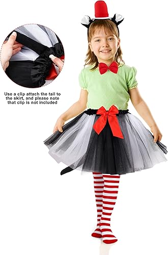 Miniatura 6 de SOMSOC Falda tutú de tul para niñas, conjunto de disfraz para niñas, diadema de lazo, medias a rayas, disfraz de gato para fiesta de Halloween,