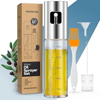 PORTENTUM Spruzzatore Olio Spray in Acciaio Inox 100ml, Oliera Vetro per Cucina e Friggitrice ad Aria, Spray Olio Cucina con Accessori - Amazon product rated Grade A