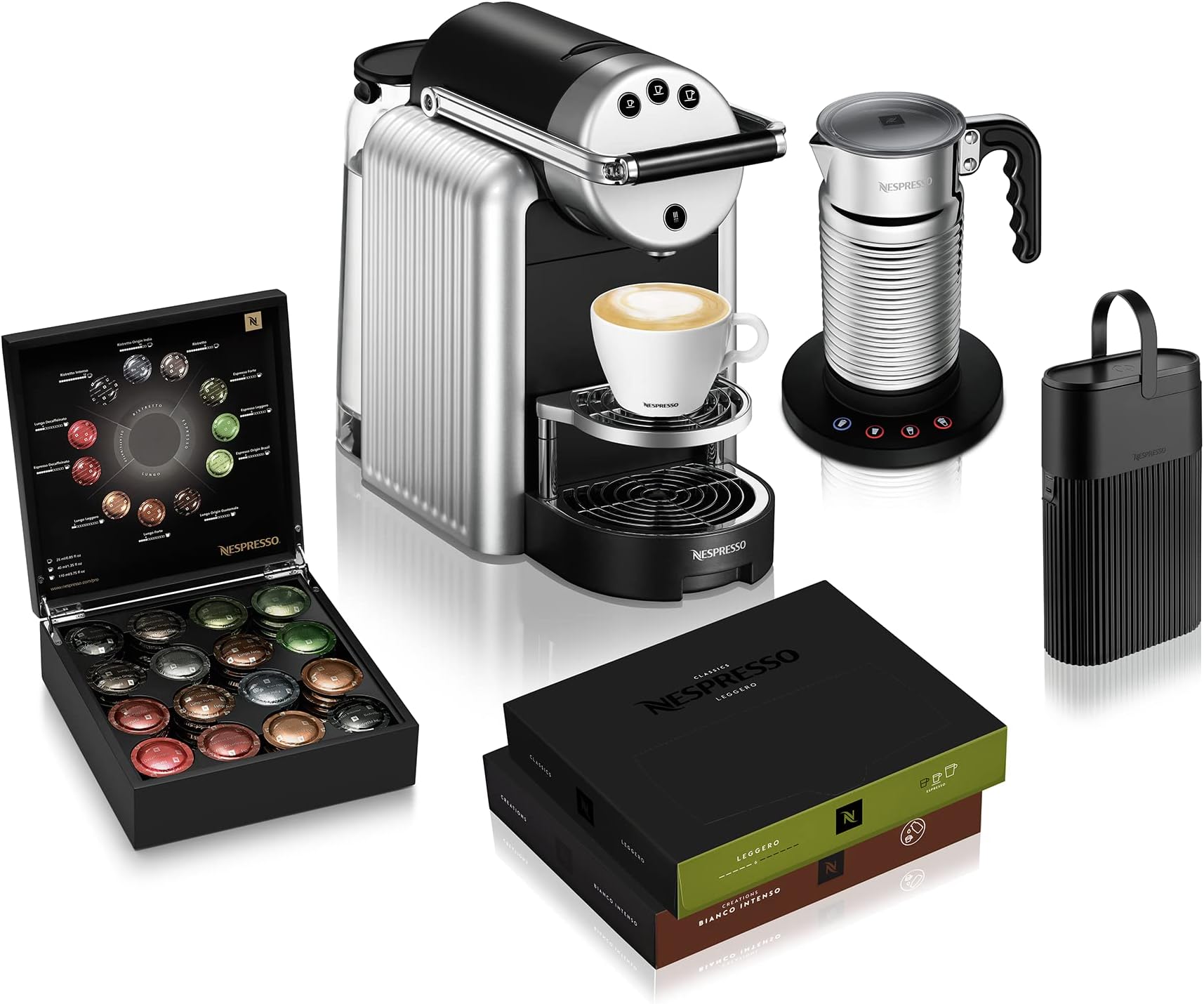 Nespresso Professional Zenius Automatic Coffee Machine - Milk Coffee Starter Pack, Espresso, Cappuccino and Latte Coffee Maker for Small Offices  –  Silver