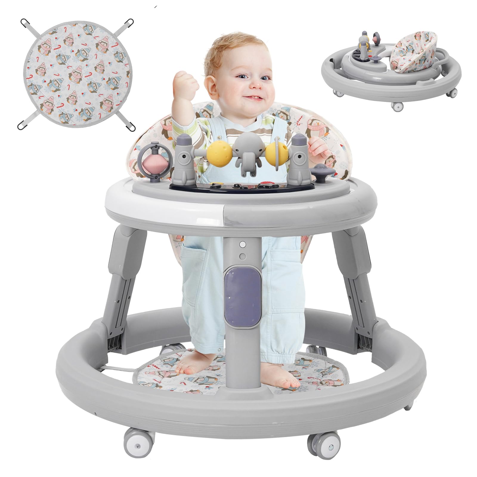 Andador Bebes 3 en 1 con Zona de Juegos, Bandeja y Reposapiés, Altura Ajustable, Ruedas Silenciosas de 360°, Plegable y Resistente, Apto para Niños a Partir de 6 Meses (Gris)