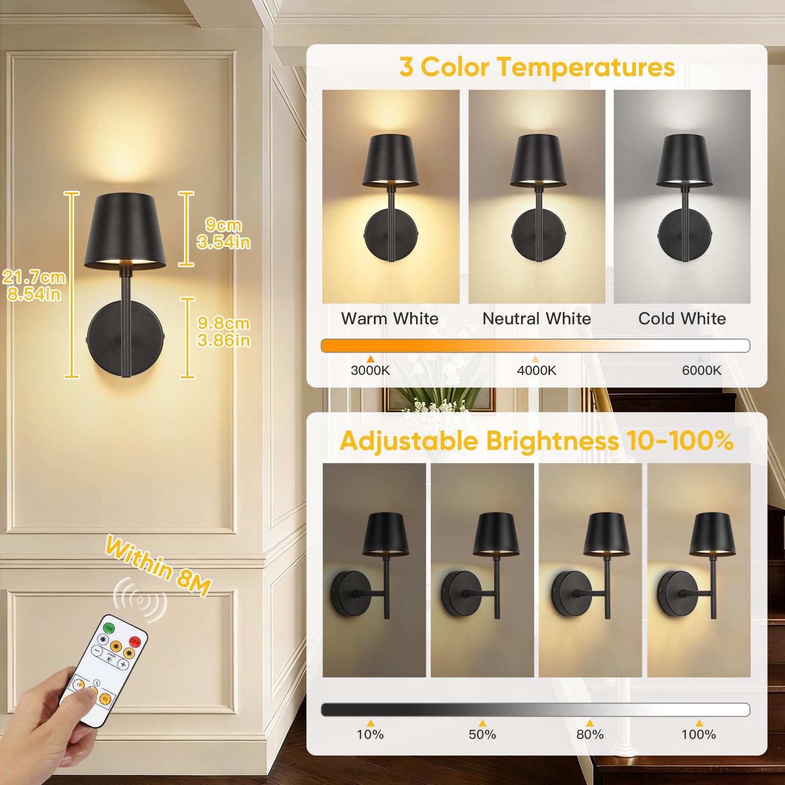 TaoFiaCo Appliques Murale LED Intérieure, Noir, Court, Lot de 2