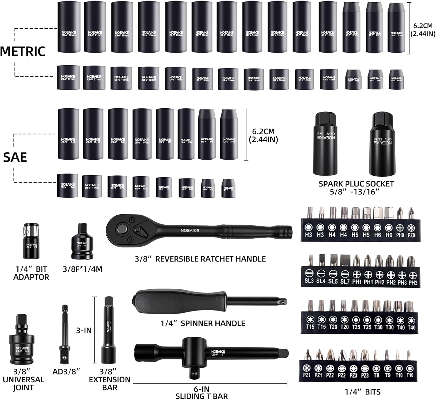 95Pcs 3/8-Inch Drive Impact Socket Set,Cr-V Deep&Shallow Sockets Size 8mm-22mm&5/16"to 3/4"6-Point,Includes Extension Bar,Universal Joint,Screwdriver Bits,Spark Plug Socket and Ratchet Handle