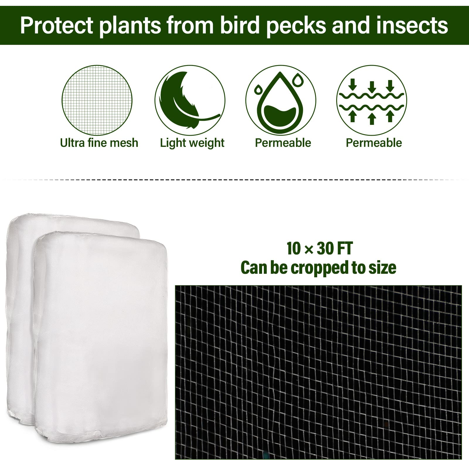 Woanger Gartennetz-Set, Pflanzenabdeckung mit 100 Gartenreifen, 72 Clips, 80 Verbindungsstücken, ultrafeines Netz, Schutz für Pflanzen, Gemüse, Obst, Blumen, Gewächshaus (3 x 10 m), 2 Stück