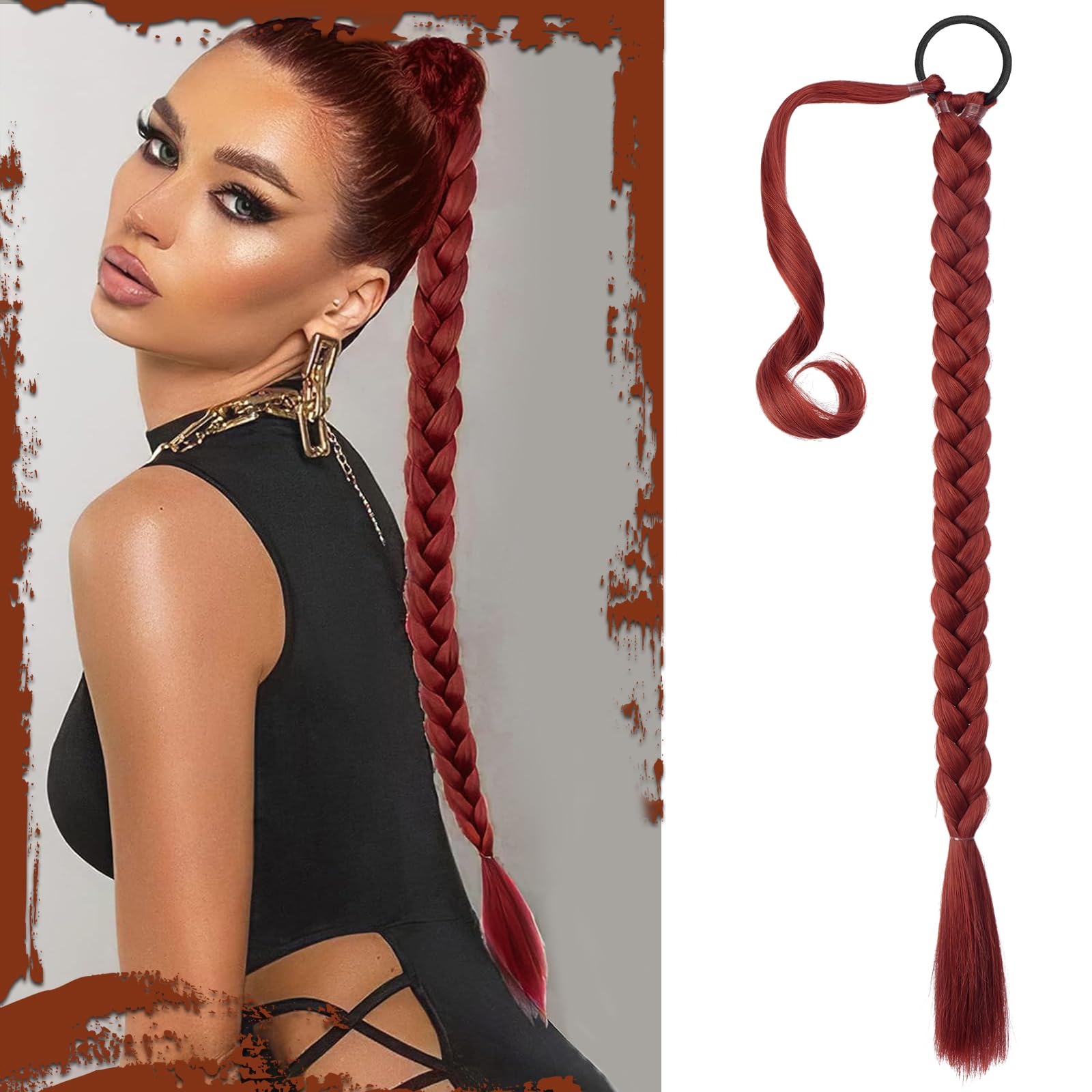 Sofeiyan Extensión de Coleta Trenzada con Coletero 76cm Extensiones de Pelo Largo Liso Trenza Coleta Postizos de pelo Sintéticos Naturales para Mujer，Rojo