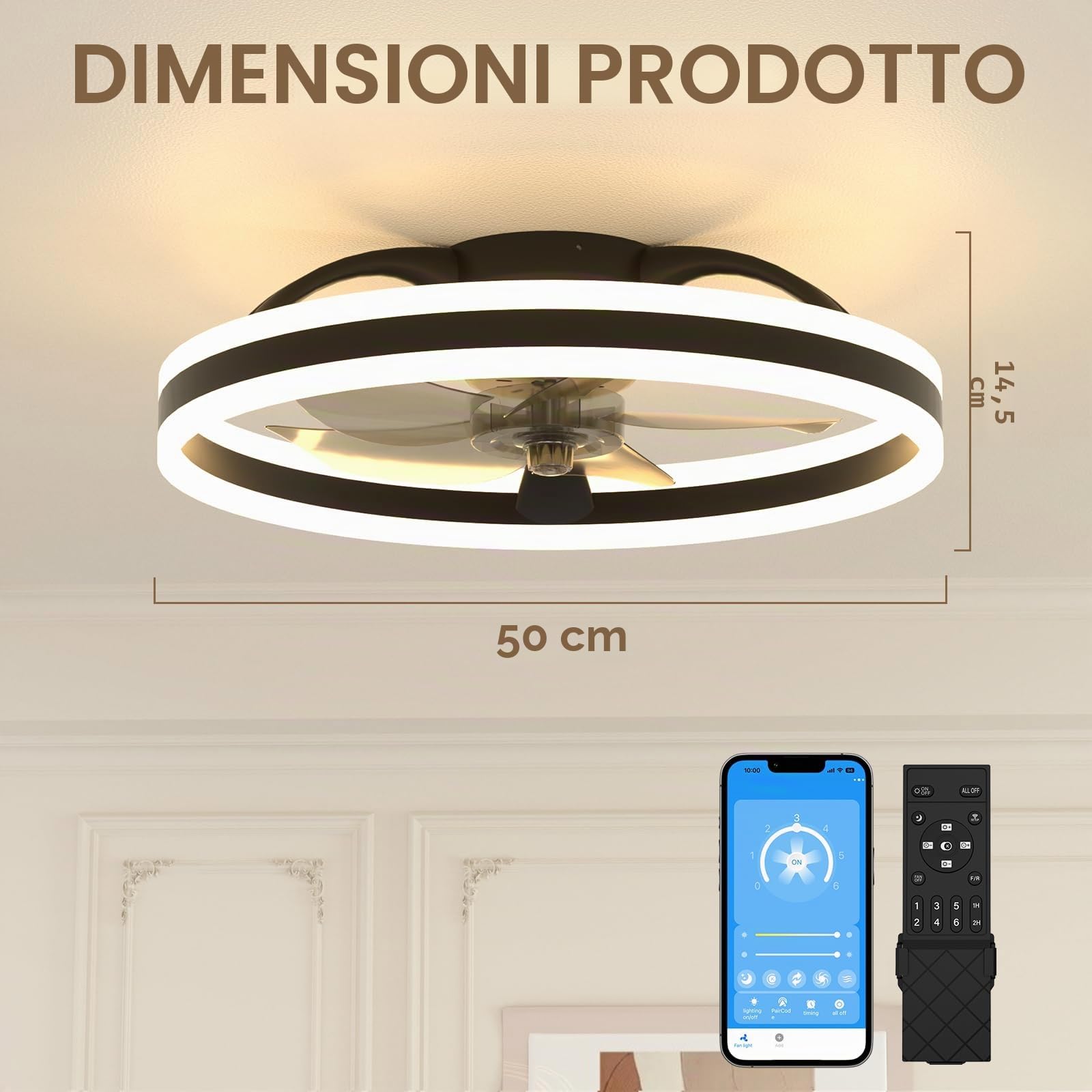 NIORSUN Ventilatore da Soffitto da Con Llluminazione, 3000-6500K 6 Velocità del Vento Regolabile, Dimmerabile, Luce LED da 50cm, Con Telecomando e App, Modalità Estate e Lnverno, Timer,Nero