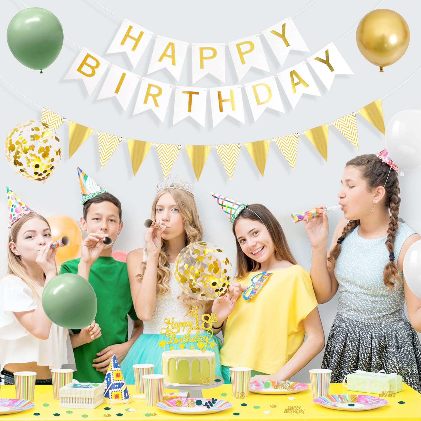 Verjaardagsdecoratie 18 Jaar - Ballon, Groen En Goud, Banner Happy Birthday Jongens Meisjes Feestdecoraties