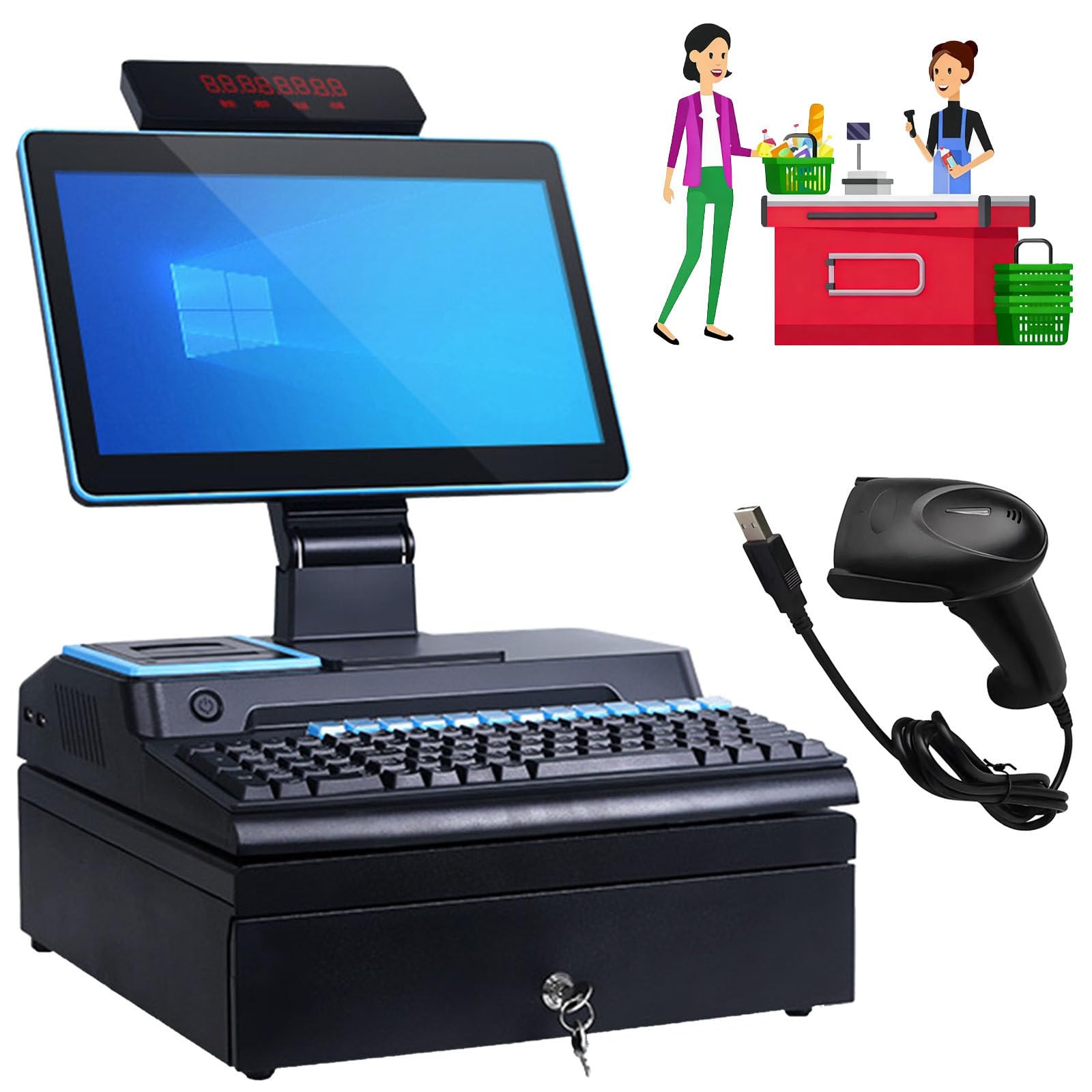 Ptatritious E Cashier Register, Smart Cash Register Pos System All-In-On Cash Register With 15.6-Inch Touch Screen Pc, Built-In 58Mm Printer, For Small Businesses And Retailers -4+64Gb