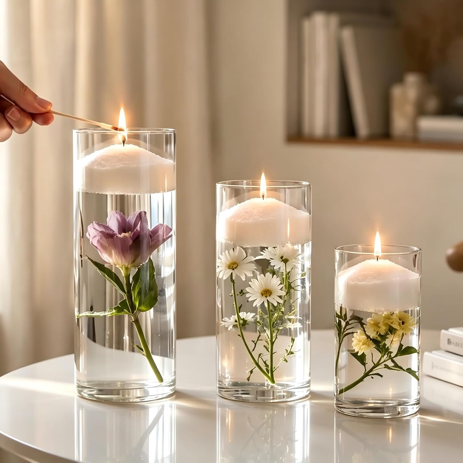 VUSIBA 55 OZ Floating Pearled Sand Candle Kit with 3 Glass Vases for Decor