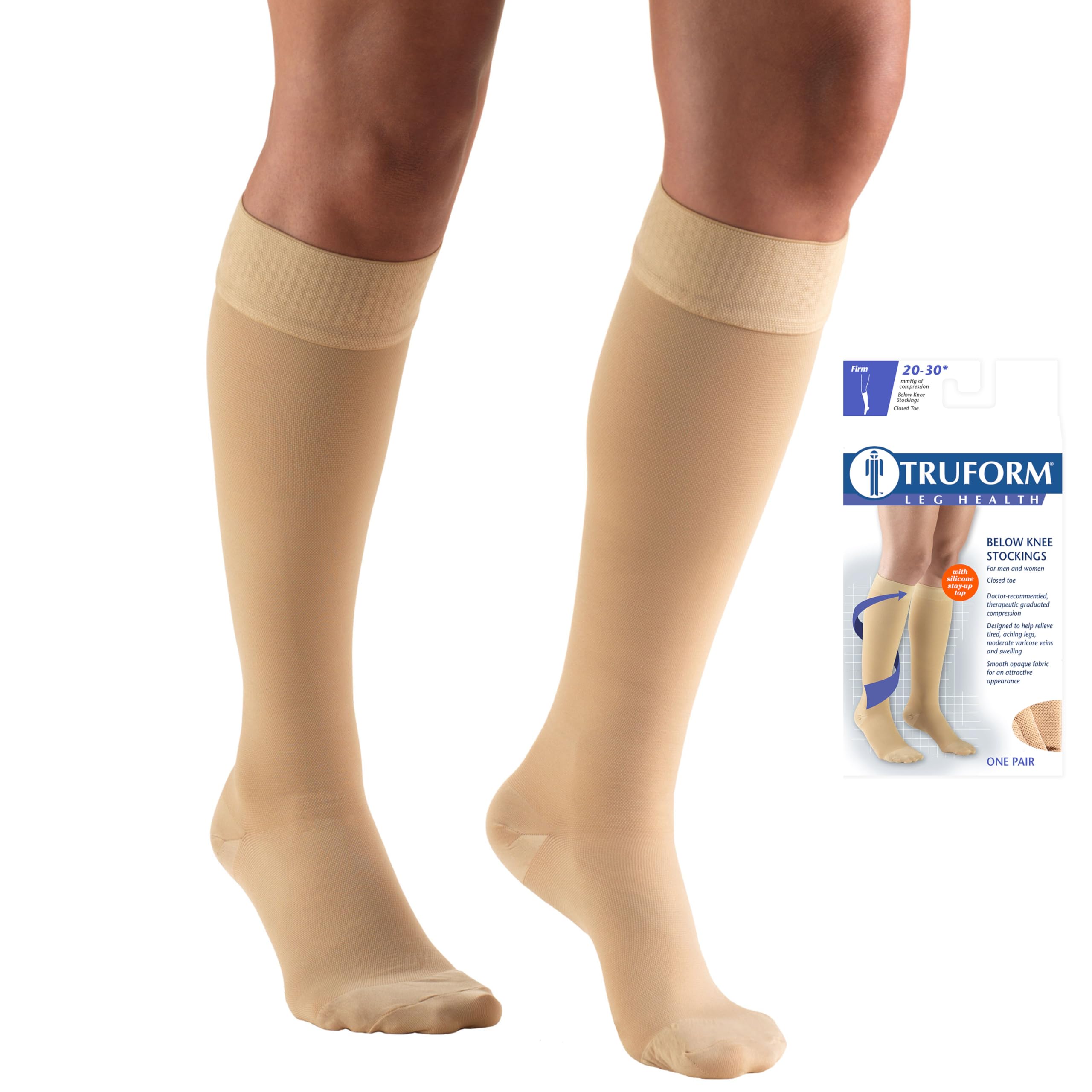 Truform 20-30 mmHg Compression Stockings for Men and Women, Knee High Length, Dot Top, Closed Toe, Beige, 2X-Large
