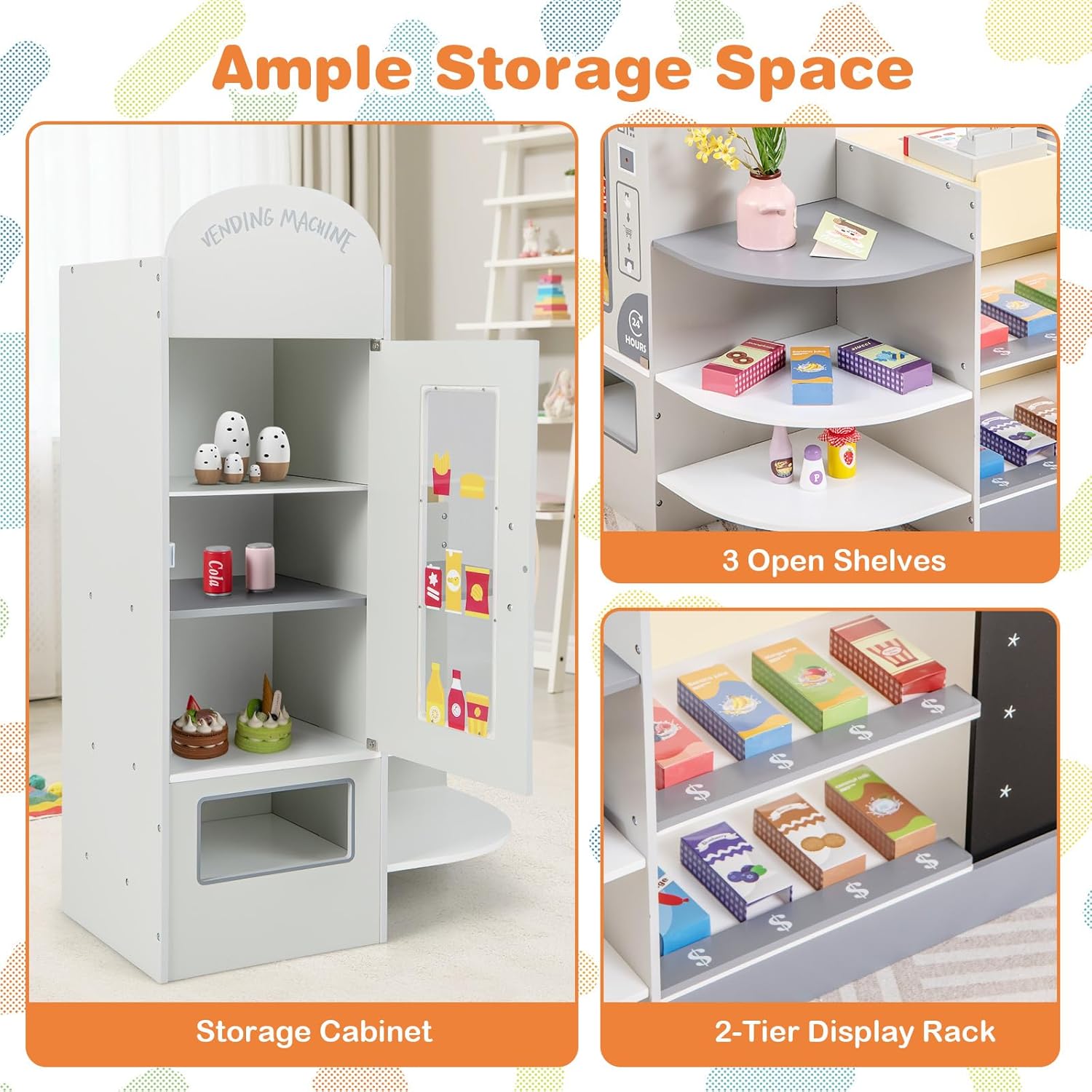 GLACER Grocery Store Pretend Play, Wooden Kids Grocery Store Playset w/15 PCS Accessories, Cash Register, POS & Vending Machine, Chalkboard, Play Store for Toddler 3-8, Gift for Boys & Girls(Gray)