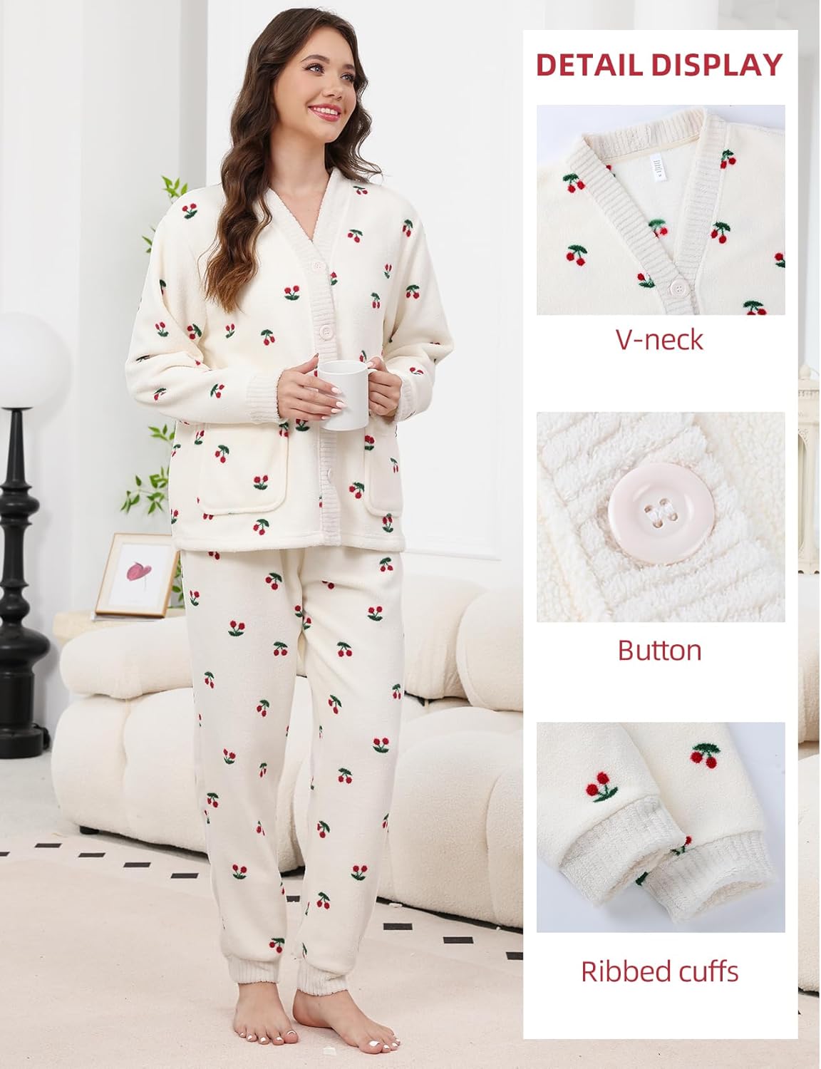 Gihuo Fleece Pajamas for Women Set Fuzzy Warm 2 Piece Winter Sleepwear Soft Cozy Pjs with Pockets - Image 4