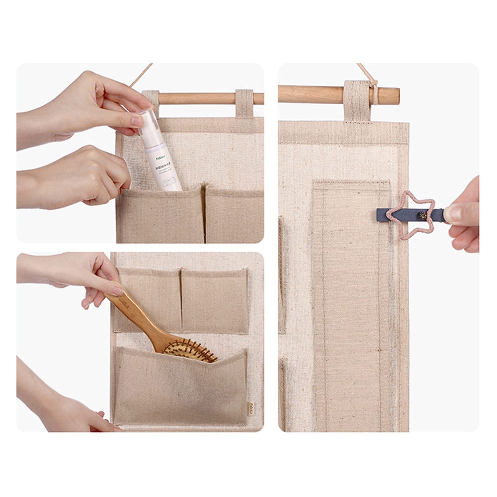 Beige Aufbewahrungstasche zur Wandmontage, Aufbewahrungstasche aus Baumwoll-Leinen-Stoff, Faltbare Aufbewahrungstasche zum Aufhängen an der Türwand mit 6 Taschen (Stil: 6 Taschen) (3 Taschen)