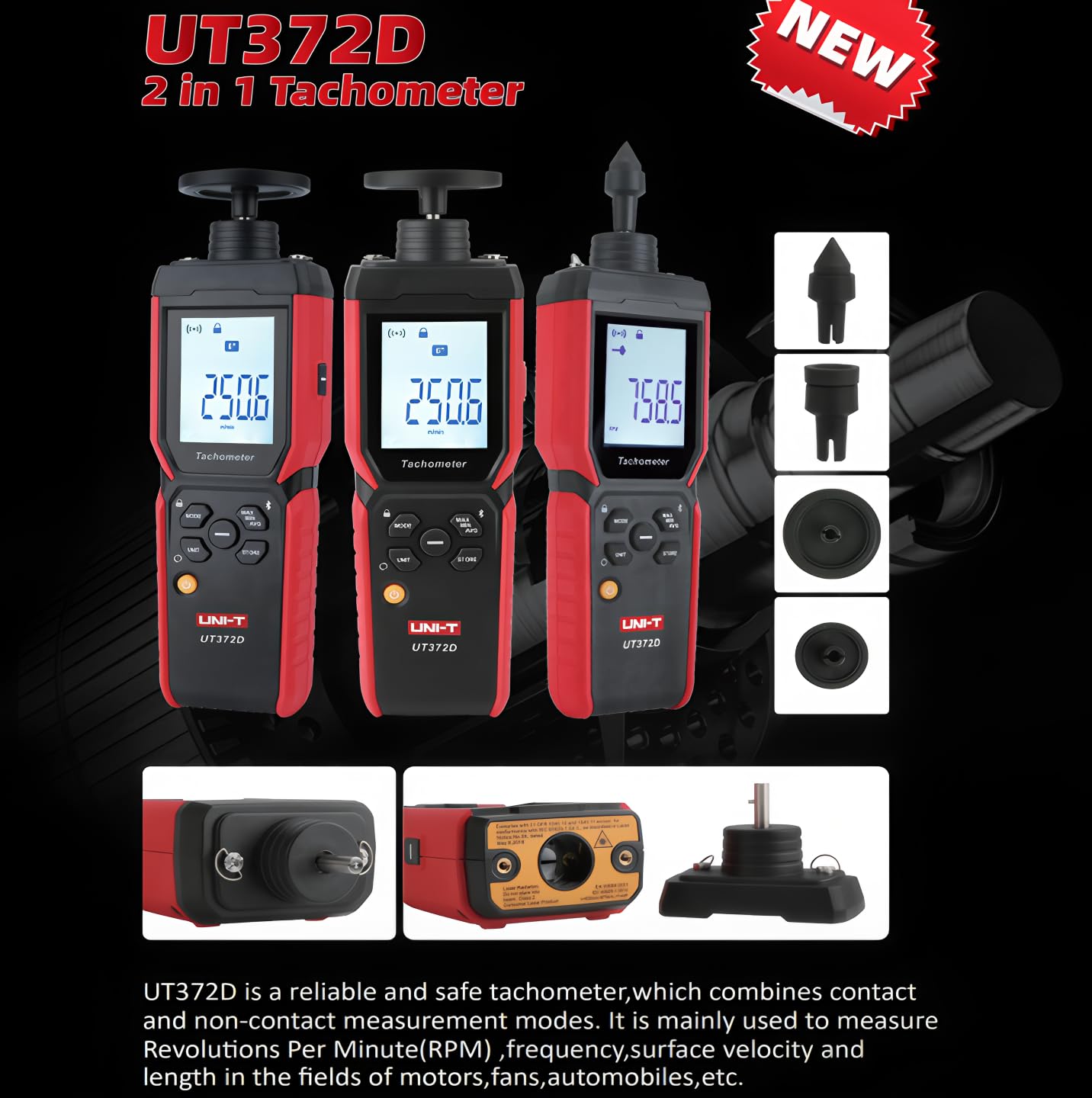 UNI-T Uni-trend UT372D Drehzahlmesser Digitaler U/min-Messer 2 in 1 Laser berührungslos & berührend Drehzahlmesser Professioneller Messgerät für Drehzahl