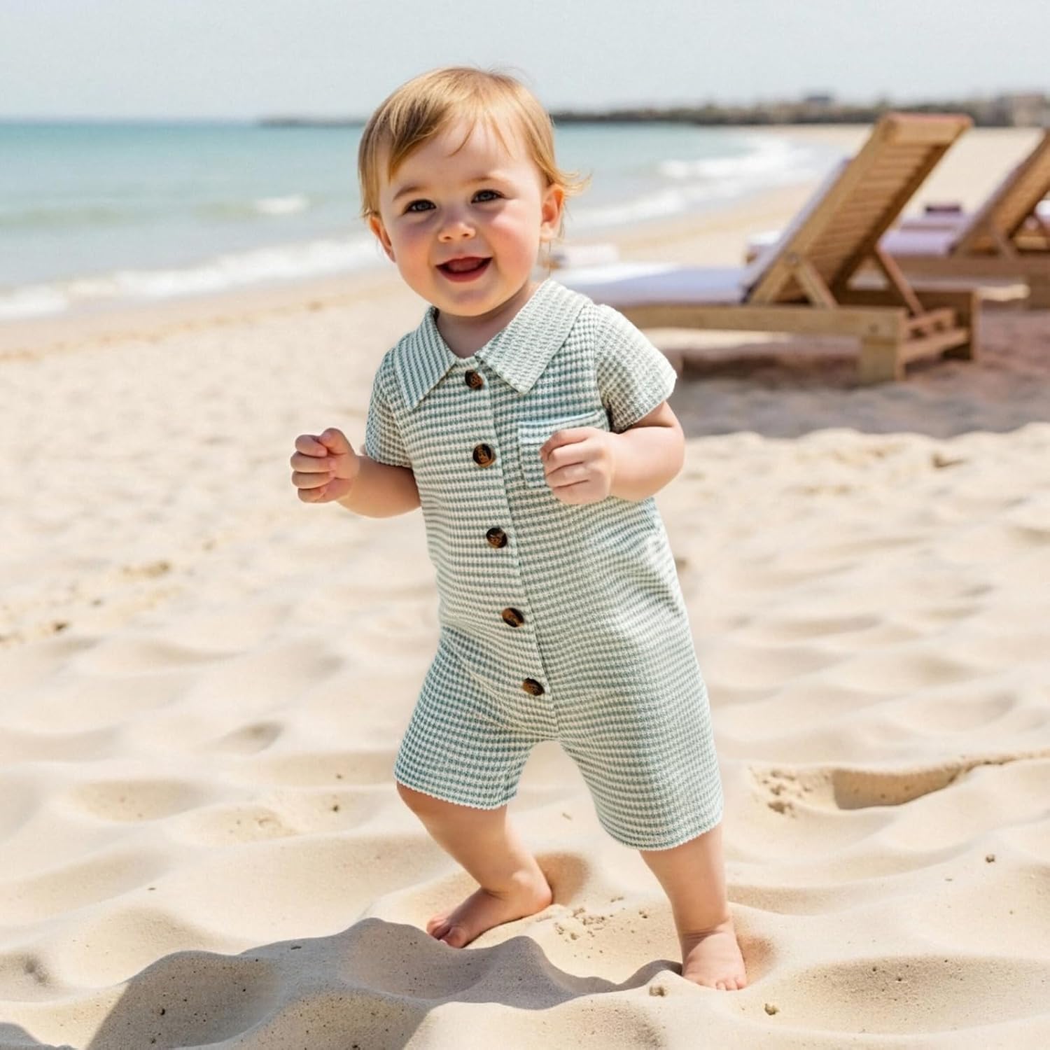 Baby Boy Stripe Romper Waffle Knit Short Sleeve Lapel Button Down Jumpsuit Bodysuit Newborn Summer Outfits