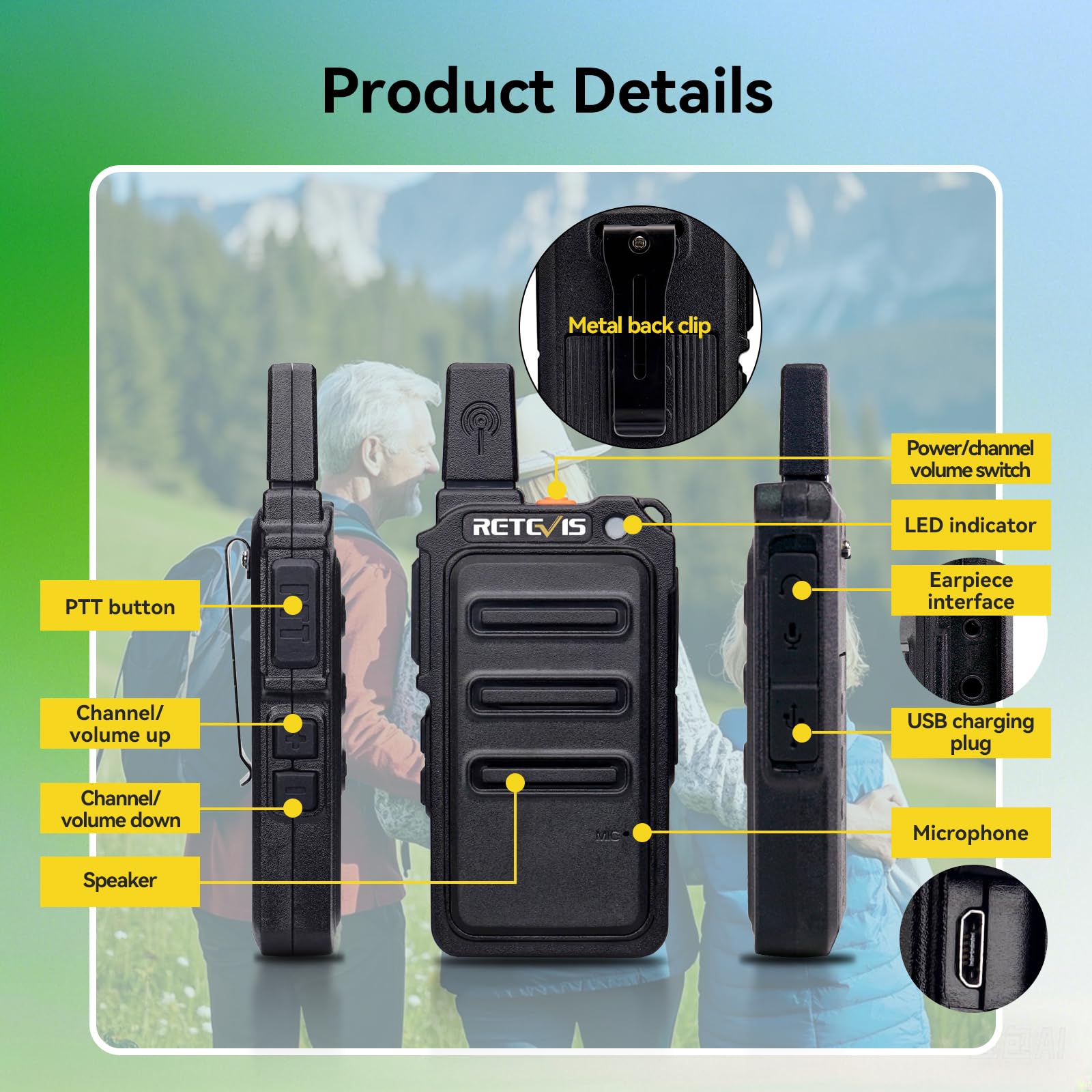 Retevis RT619 Talkie Walkie PMR446 Rechargeable 1300 mAh VOX 16 Canaux 2 Pièces Noir