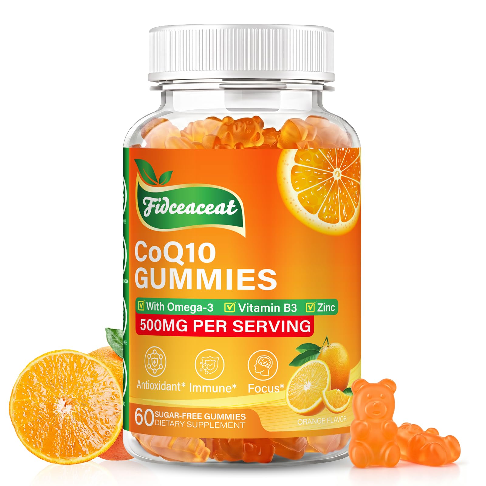 CoQ10 500mg Gummies for Adults, Coenzyme Q10 Supplement with Omega-3, Magnesium, Zinc and Vitamin B3 for Energy & Antioxidant, Orange Flavor, 60 Count