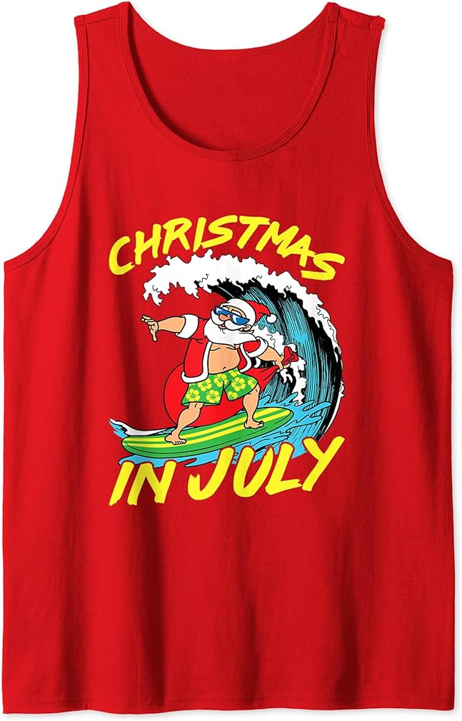 Christmas In July Surfing Santa Surfboard Tank Top