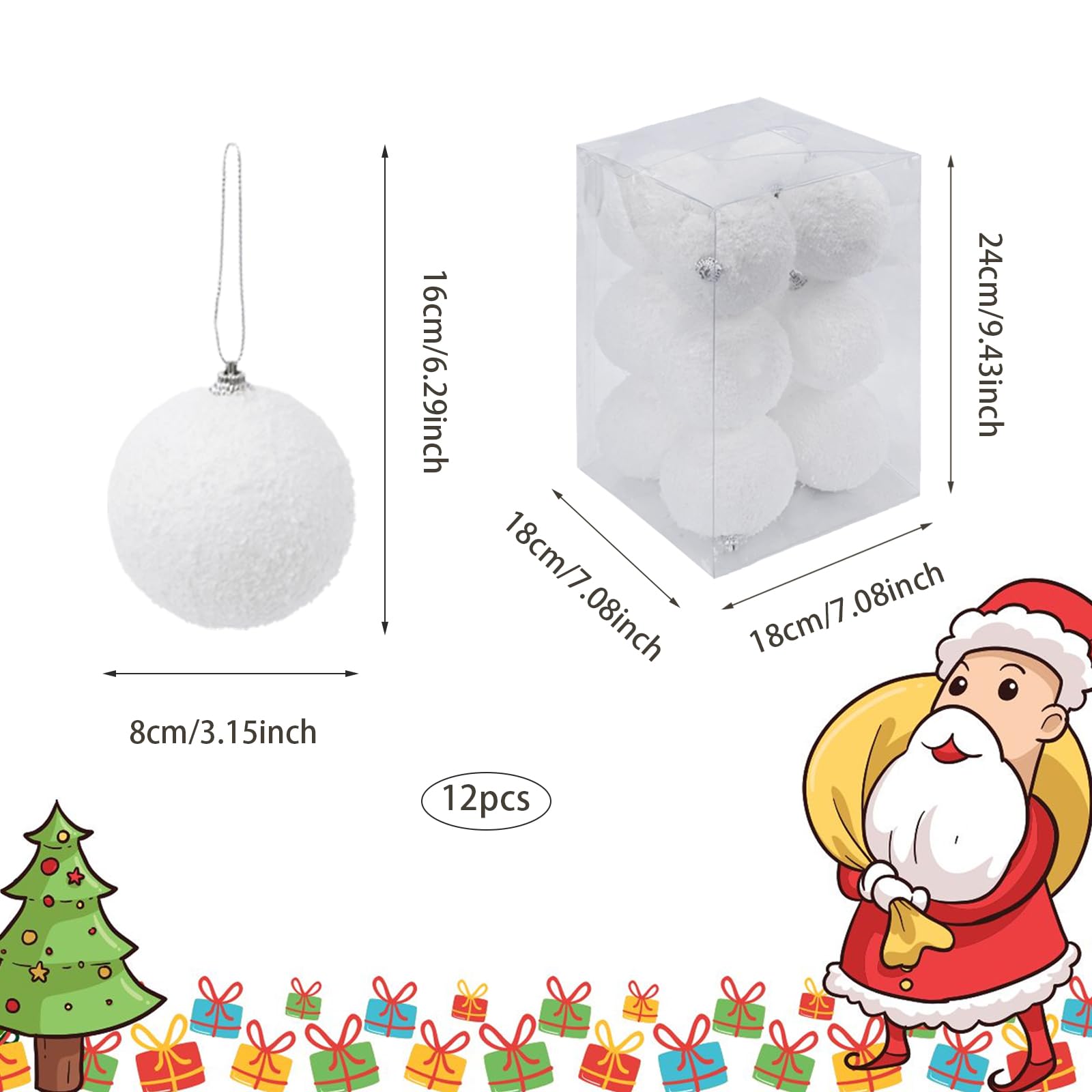 HO2NLE 12pcs White Christmas Baubles - 8cm Shatterproof Glitter Snow Ball Xmas Hanging Pendants for Christmas Tree & Party Decoration - Image 2