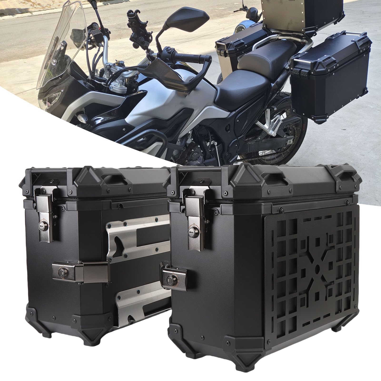 Generic Boczny Bagażnik Motocyklowy Uniwersalny Twardy futerał ze Stopu Aluminium 35L ze Stojakiem i Zamkiem do Wycieczek Drogowych i Jazdy Po Mieście, Srebrna para