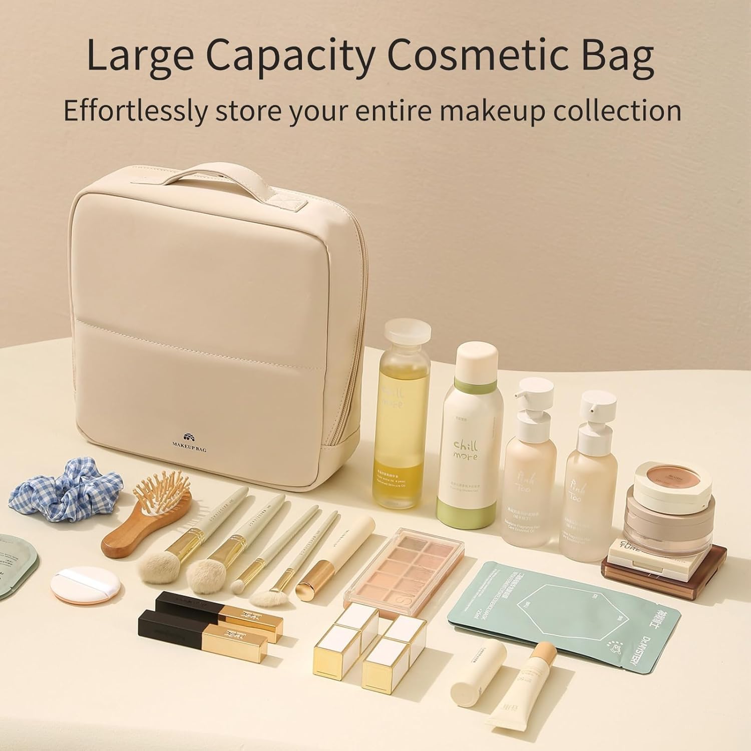 YLYZ Makeup Bag, Foldable Magnetic Standing Makeup Bag with Compartments, Large Capacity Travel Makeup Bags for Women, Makeup Brush Bag Organizer Waterproof Toiletry Cosmetic Bags, Light Apricot