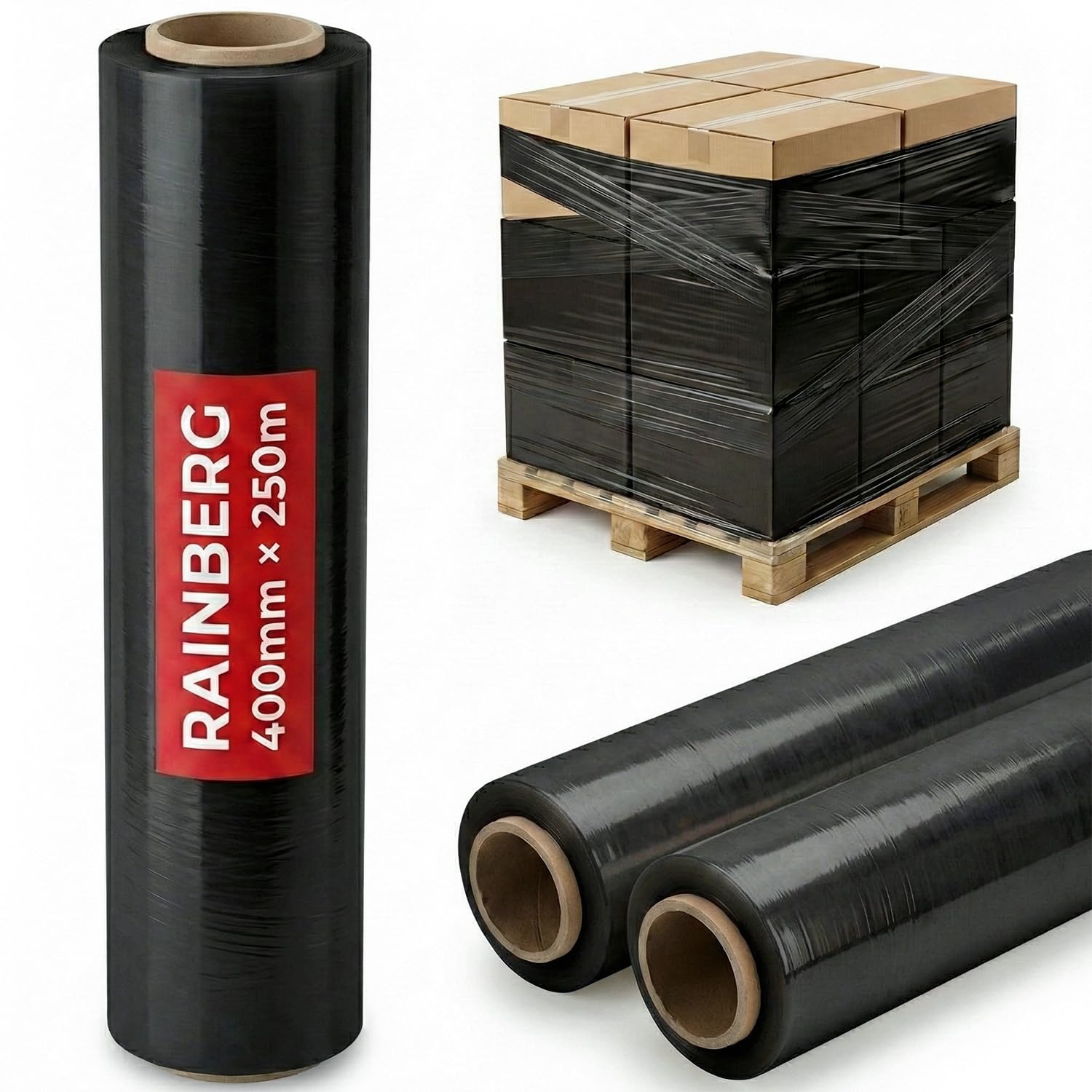 Rainberg Black Strong Heavy-Duty Stretch Film For Pallet Wrapping, Packaging And Moving For Furniture, Luggage, And Parcels, Water & Moisture Proof Pallet Stretch Shrink Wrap Rolls 400Mm X 250M (, 2)