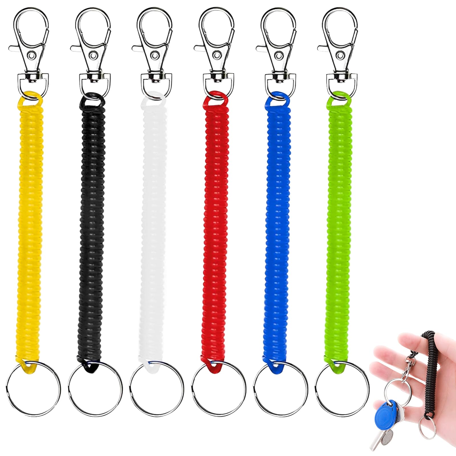 WOLMIK Stretchy Spiral Keyring - 6 PCS Colourful Plastic Keychain, 7” Springs Key Holder, Anti-lost Spring Coil Keychain Cord, Retractable Key Chain for Work, School, Keys, Wallet, ID Card, Backpack