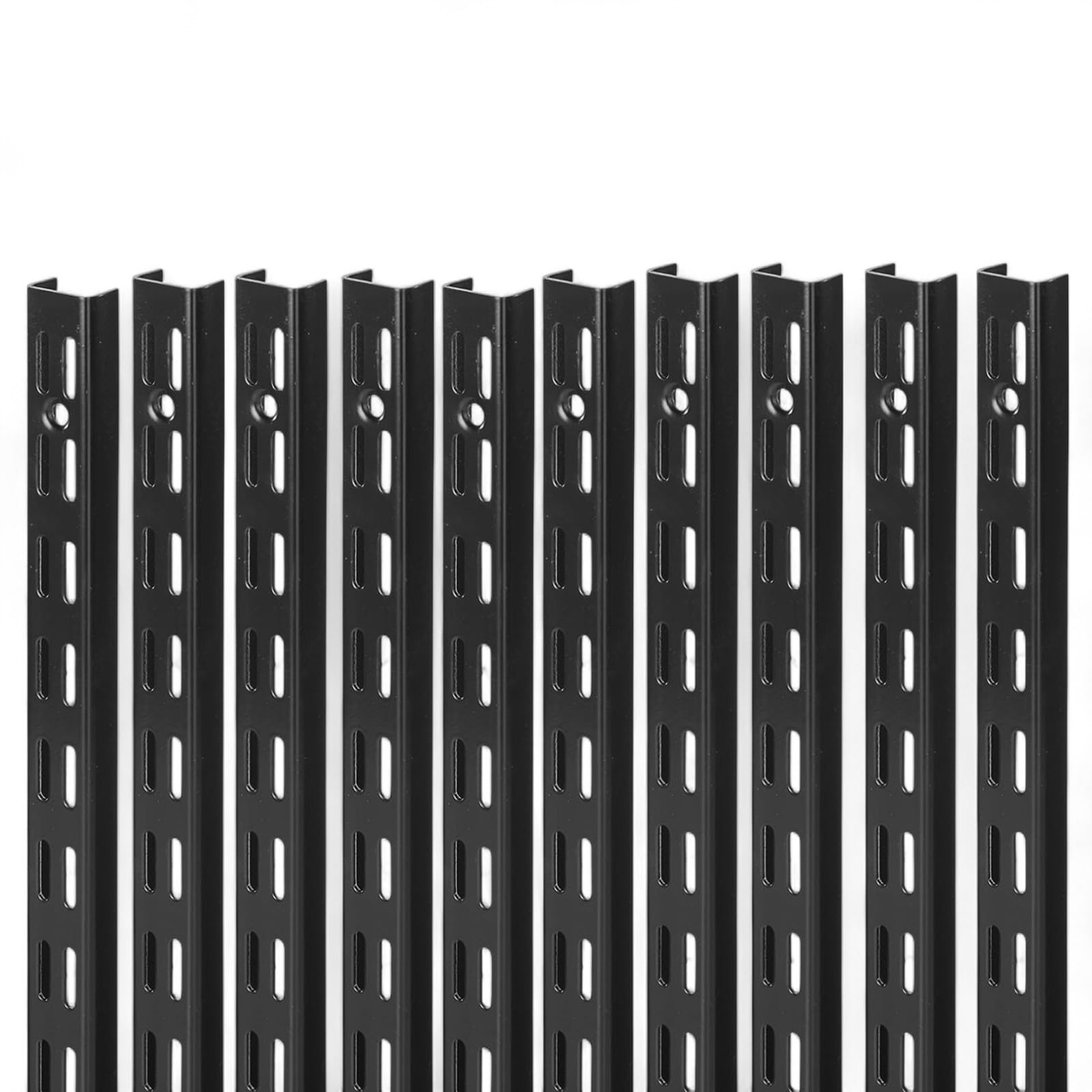 10x 240cm Black Twin Slot Upright – Adjustable Wall Mounted Steel Shelving Rail for Brackets – Antimicrobial Finish, 32mm Pitch – Durable Storage Solution for Home, Garage, or Commercial Use