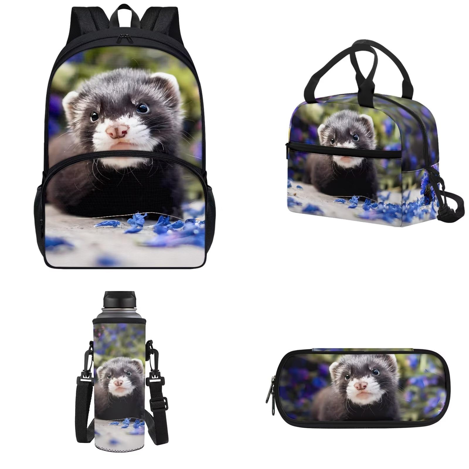 FUIBENGFerret School Backpack Set 4 Pcs Boy's Schoolbag Sets Big Capacity Daypack with Lunch Box Pencil Case Kids Water Carrier Pouch for Primary,Secondary School,Back to School Gift
