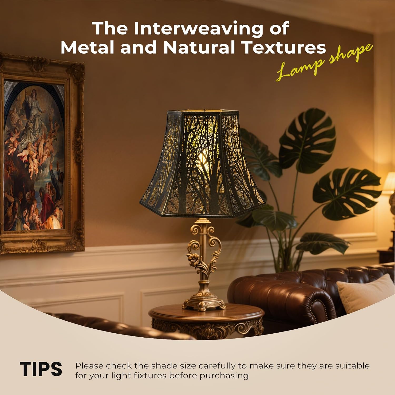 Medium Hexagonal Lamp Shade with Forest Tree Pattern, Etched Court Style Metal Lampshade, 9" Top x 16" Bottom x 11.5" High, Iron Cover shade for Table Lamps, Floor Lamps (Bronze & Gold Finish)