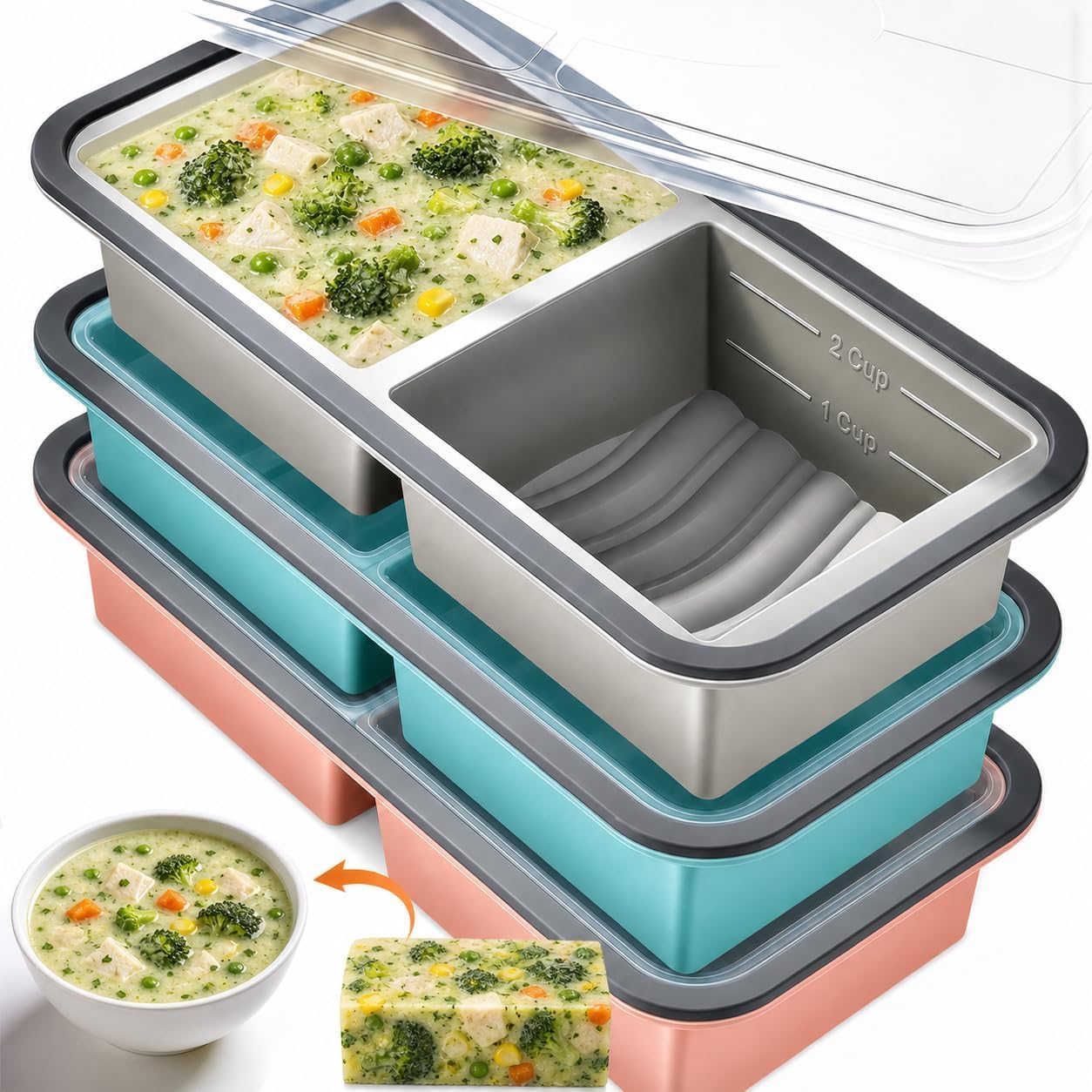 Juego de 3 Moldes de Silicona para Congelación con Tapa – 2 Compartimentos de 500 ml (1000 ml por unidad) – Sin BPA, Apilables, Herméticos, Escala de Medición ml/taza – Para Sopa, Caldo, Salsa