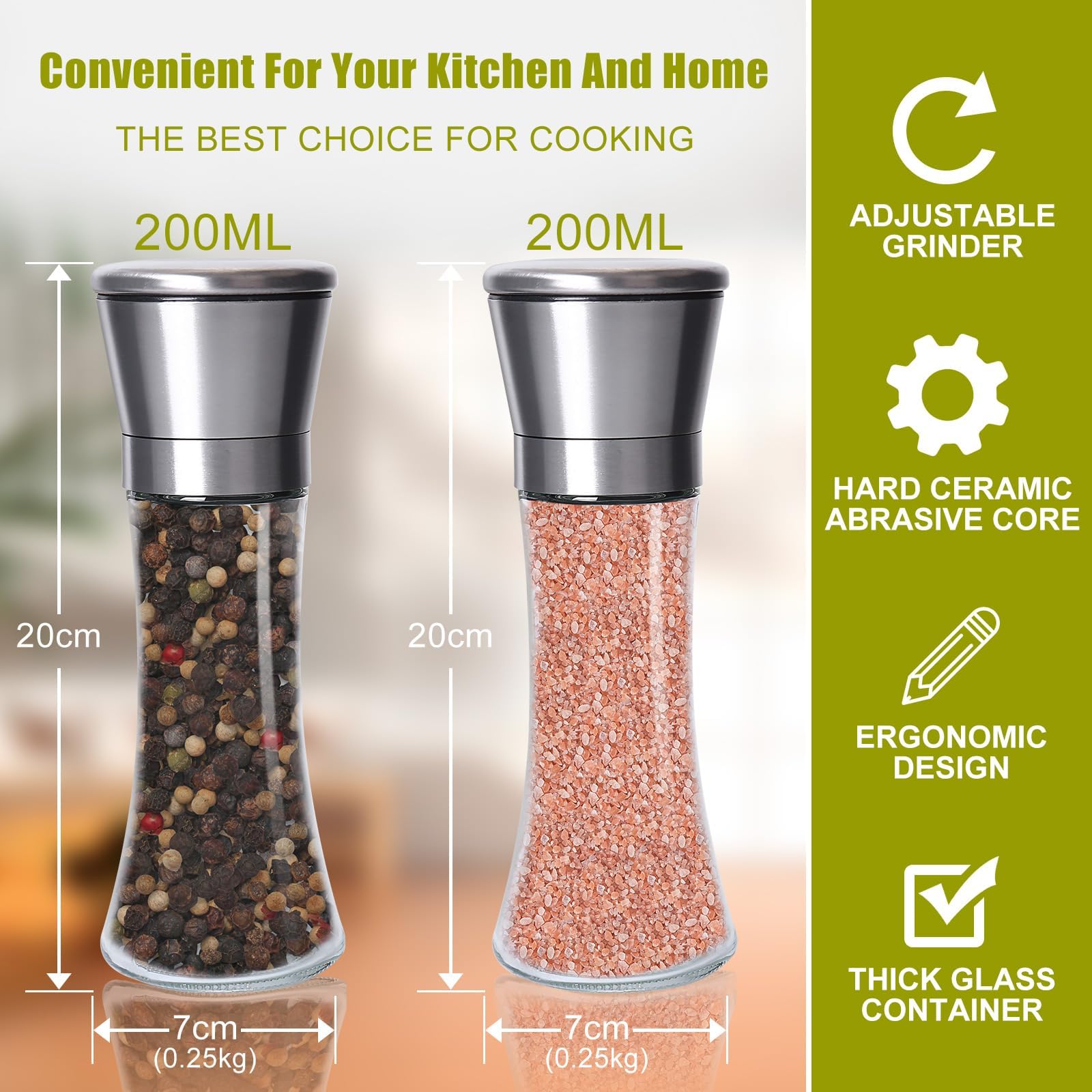 Gucass 2 Pieces Pepper Mill Salt Mill Set, Spice Mills with Adjustable Ceramic Grinder, Manual Salt and Pepper Mill Set, Also as Chili Mill, 200 ml Salt and Pepper Grinder for Various Spices — Amazon image 2