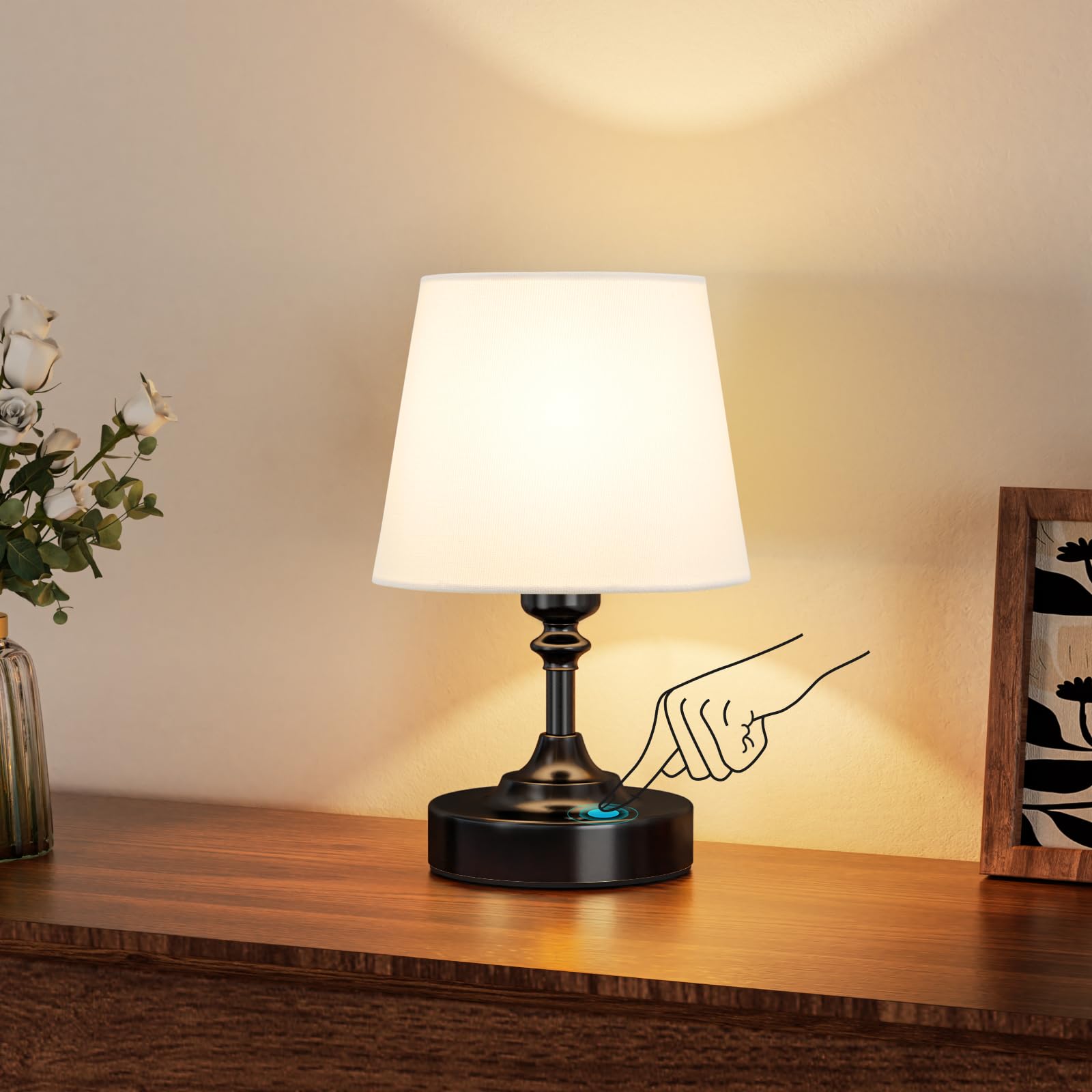 Pequeña lámpara de mesa inalámbrica, lámpara LED táctil recargable, regulable sin niveles, pantalla de lino blanca, lámpara recargable con conector USB-C para mesita de noche, comedor, salón