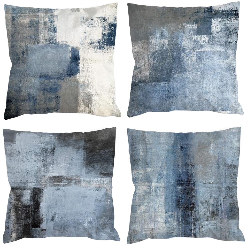 Housses de coussin en lin 50x50 cm lot de 4 motifs abstraits gris et bleu