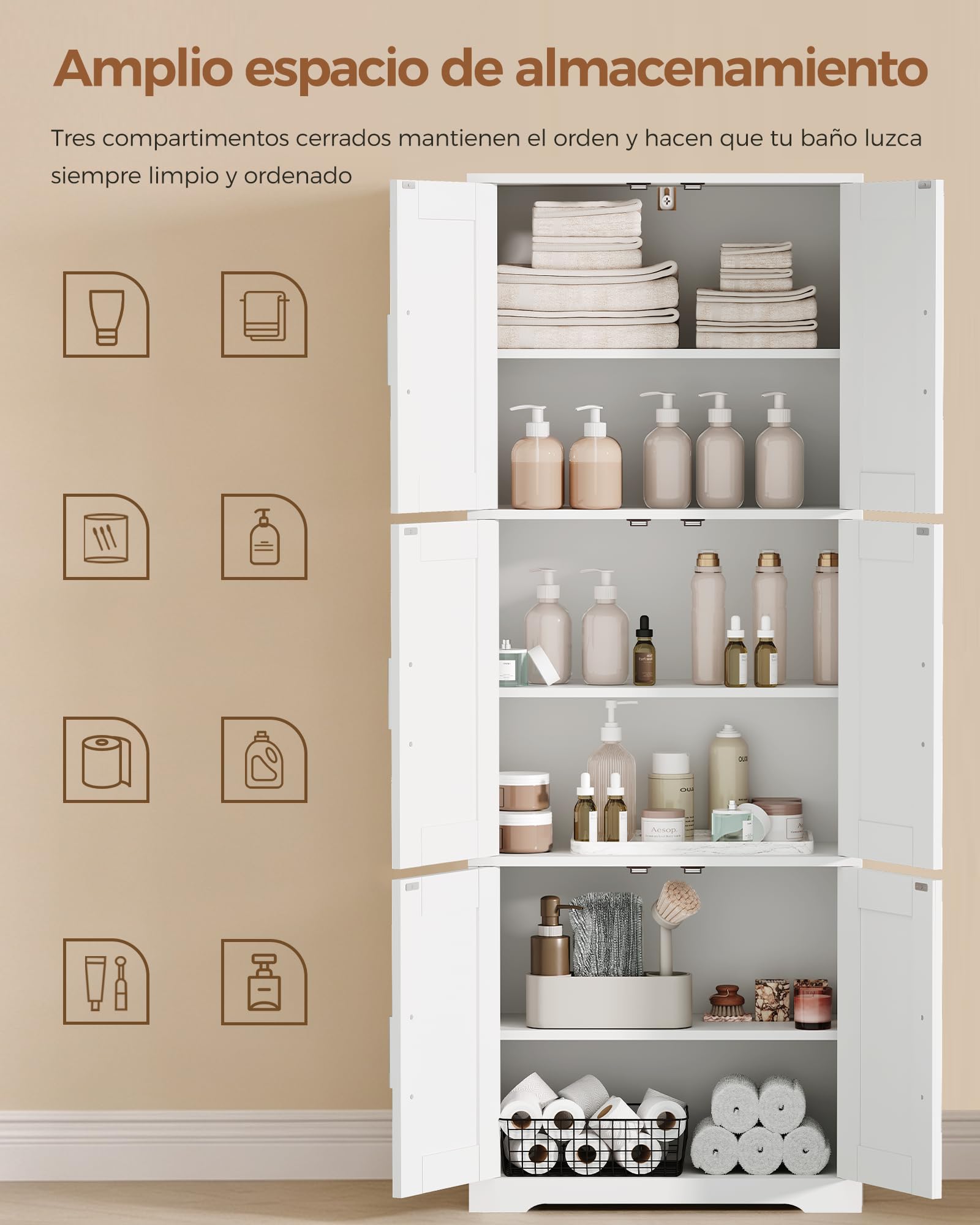 Armario de Baño de 6 Puertas, Armario de Baño de Columna Alta | Mueble de Baño con 3 Estantes Ajustables, Apto para el Baño, el Salón y la Cocina, Blanco, 30 × 60 × 170 cm, EXYYG023W