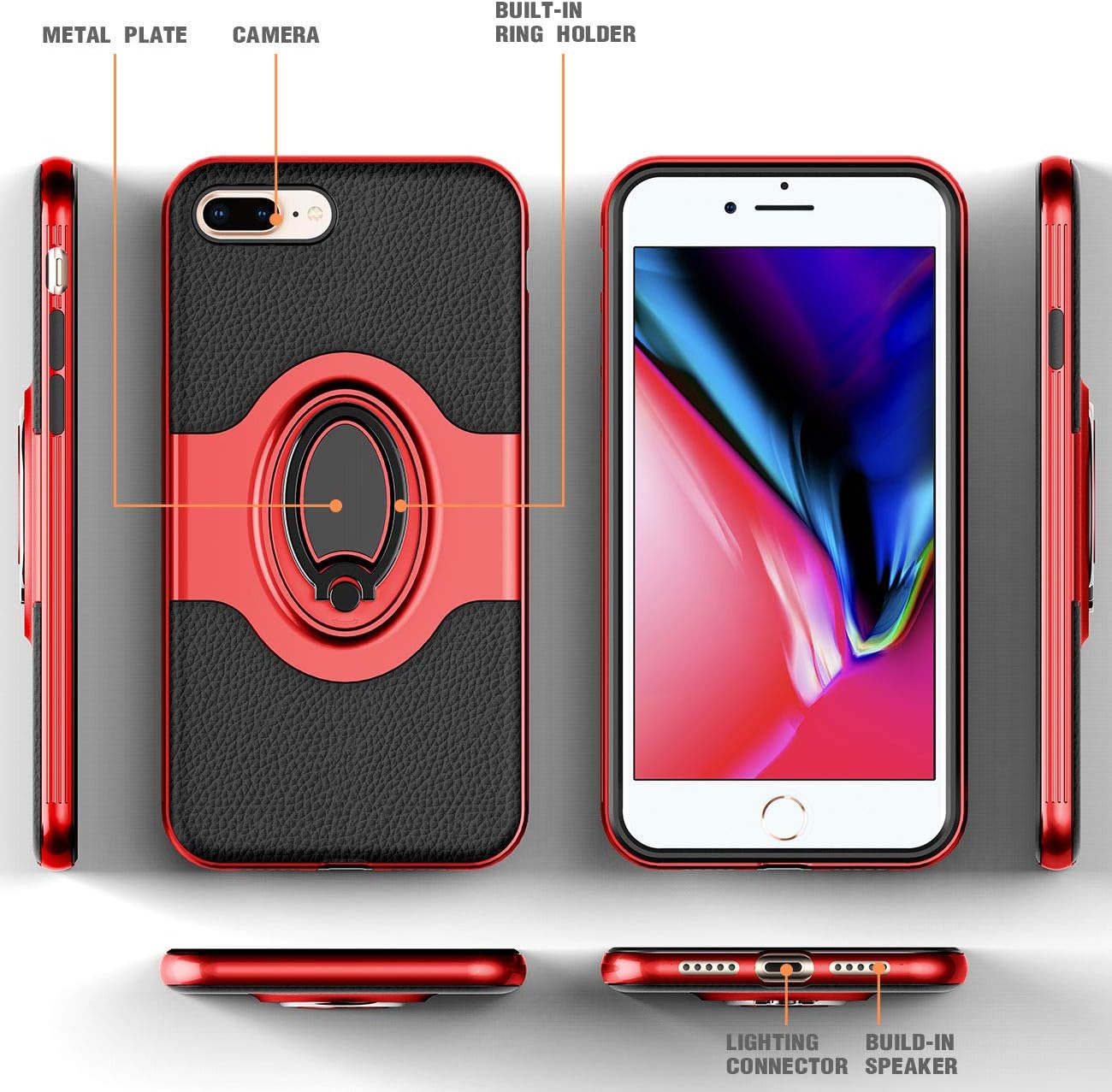 eSamcore iPhone 7 Plus Case, iPhone 8 Plus Case Ring Holder Kickstand Cases + Dashboard Magnetic Phone Car Mount for iPhone 7/8 Plus [RED]