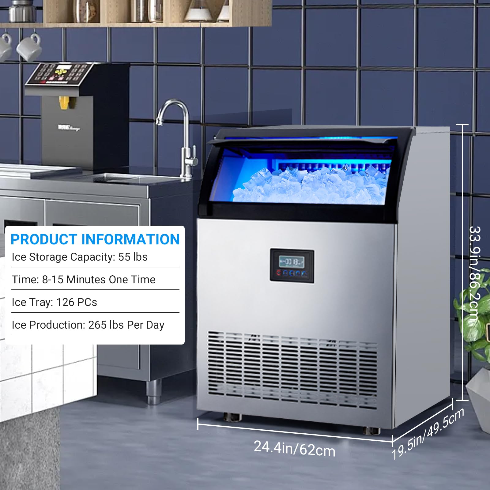 Commercial Ice Maker 250LBS/24H, 55LBS Bin, 5-15min Fast Ice Production, Auto Cleaning, Ice Thickness Adjustable, Timer, Stainless Steel Undercounter Machine for Restaurants, Bars, Cafes, Offices