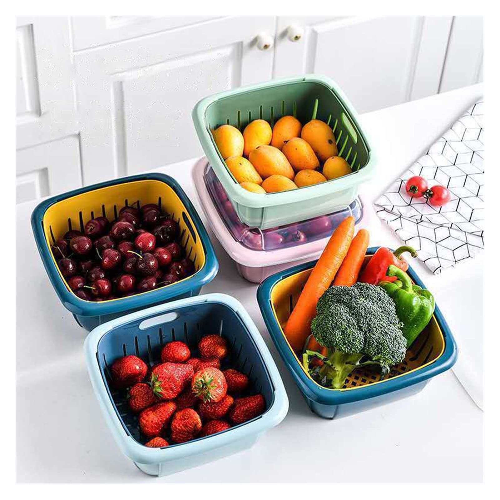 Colador de Cocina Tazón de canasta de drenaje con tapa Cuadrado Fruta Vegetal Cuenca Cesta de lavado Cocina Sellado Fresco Mantenimiento de almacenamiento Caja de almacenamiento Juego de Crisper Colad