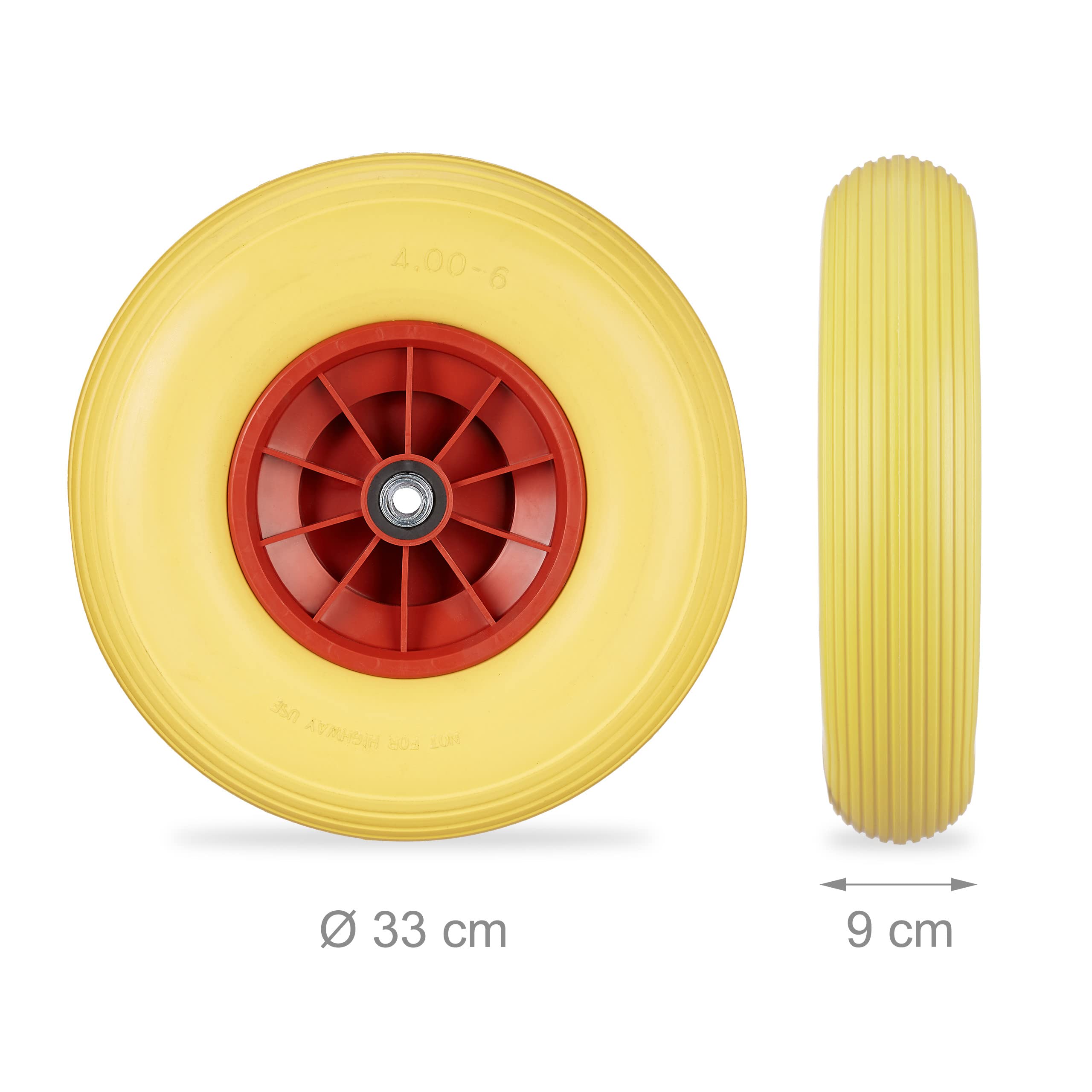 2 x Rueda Carretilla 4.00-6, Goma Maciza, Llanta de Plástico, 3 Adaptadores, Antipinchazos, 100 kg, Amarillo y Rojo