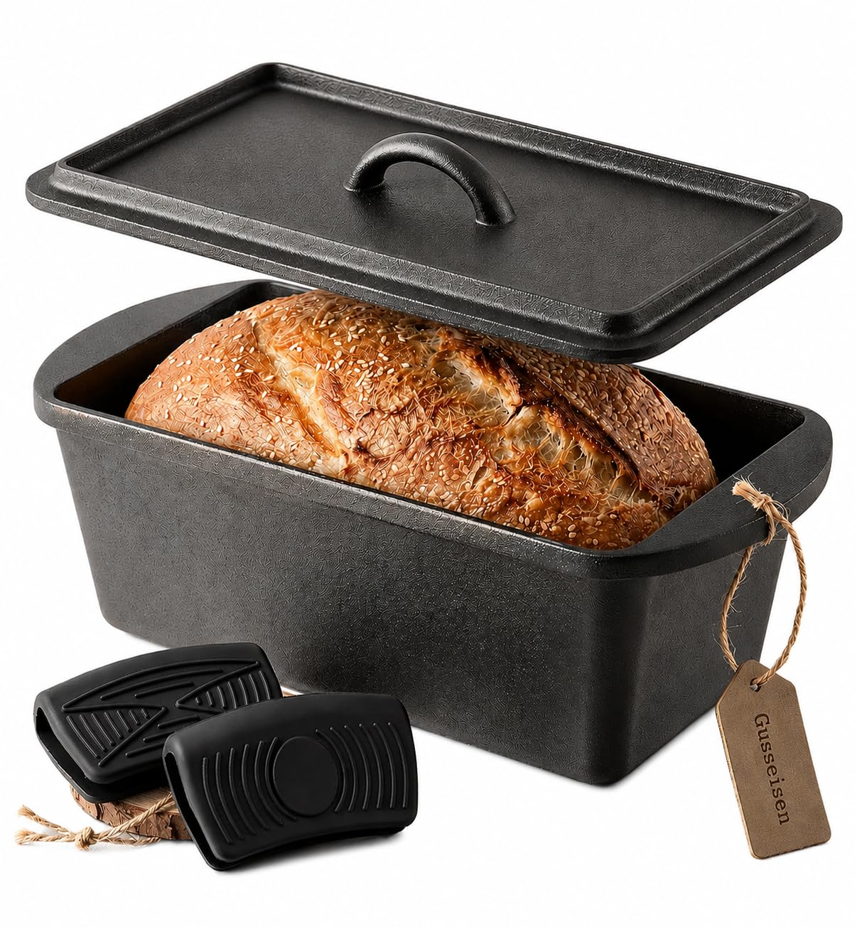 Molde para pan de hierro fundido de 28 cm con tapa y asas de silicona, apto para horno, con aceite vegetal, molde para pan, sartén de pan, olla de hierro fundido, accesorios para hornear