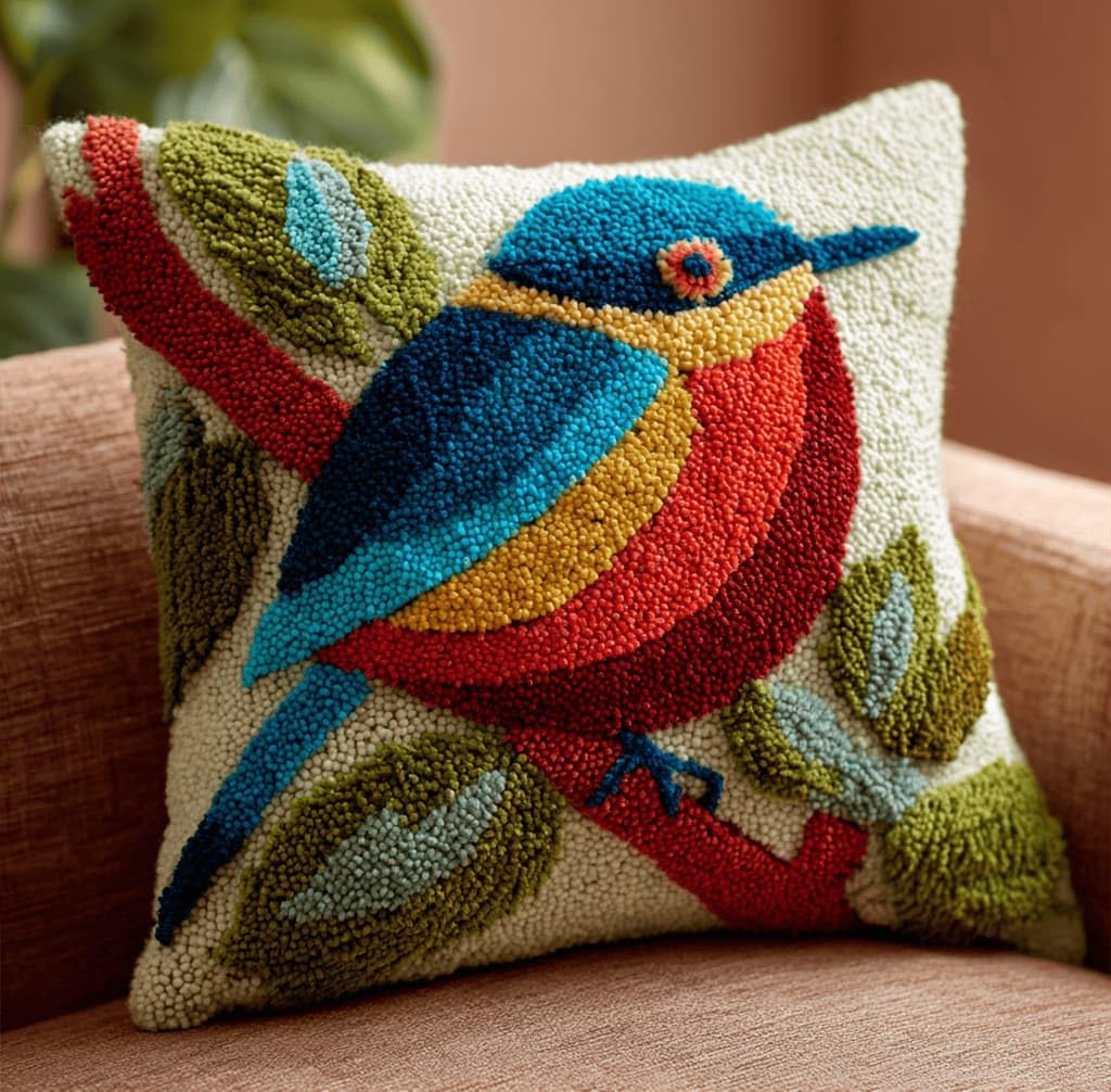 Kitquiver Latch Hook Rug Kits for Adults Jungle Bird DIY Latch Hook Cushion Cross-Stitch Embroidery Cushion Cover for Home Sofa Decoration 17X17 in.