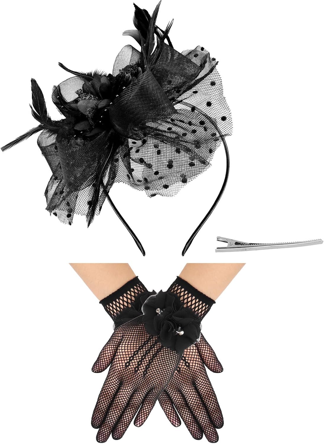 Mesh Hat, Headband, and Mesh Flower Gloves