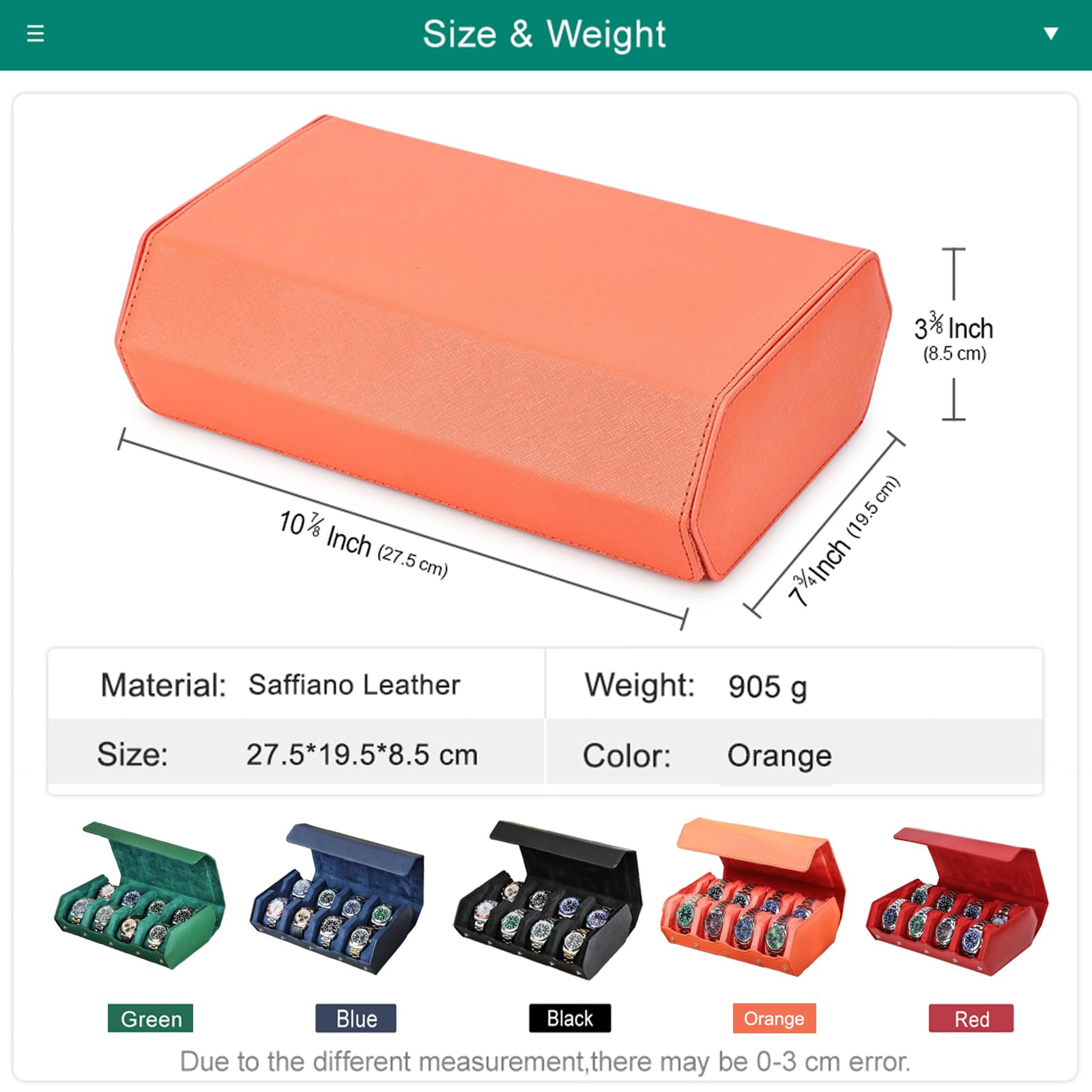 Estuche para relojes Hiram Hexagon de cuero Saffiano auténtico, con capacidad para 8 relojes, estuche protector de cuero con 8 ranuras para relojes, organizador de exhibición de relojes para hombres
