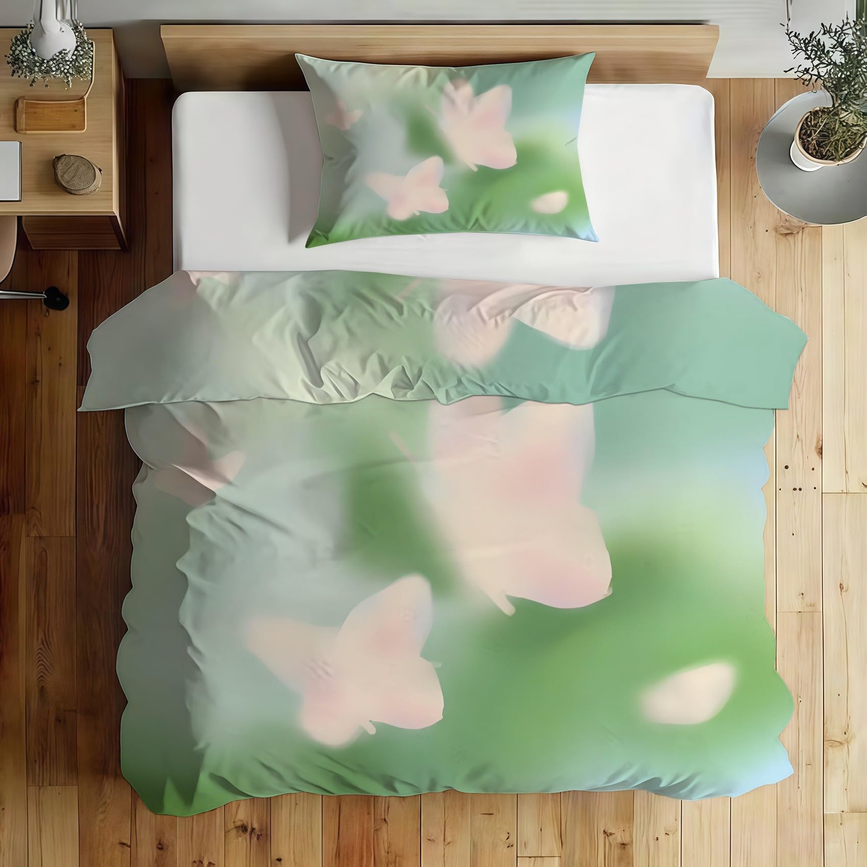 Funda Nordica Cama 90 Infantil Mariposas Rosas Ropa de Cama Fondo Verde Microfibra Suave y Cómoda con Cremallera Funda Edredon 150x200-2 Fundas Almohada 50x75 QB1226