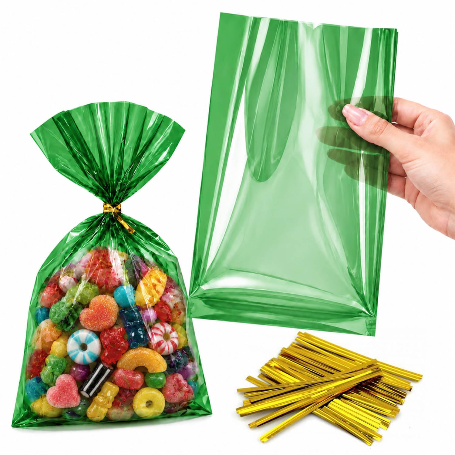 Green Cellophane Bags, 100 Pack, 15 x 23 cm (Approx. 6 x 9 Inch) Glossy Semi-Transparent OPP Gift Bags with 100 Gold Twist Ties for Wrapped Sweets, Party Favours, Weddings and Halloween